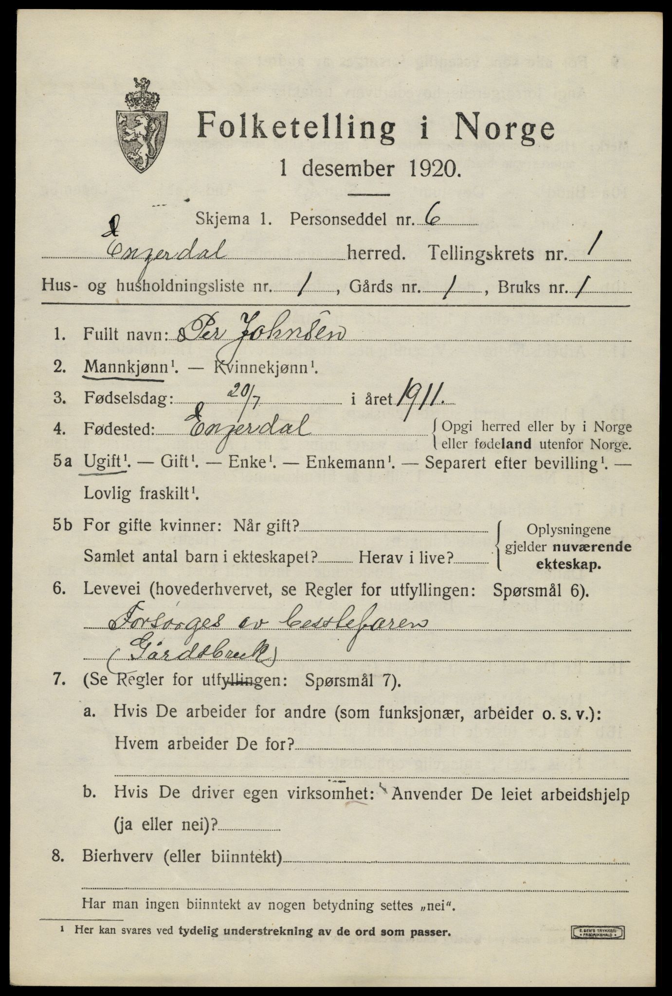 SAH, 1920 census for Engerdal, 1920, p. 491