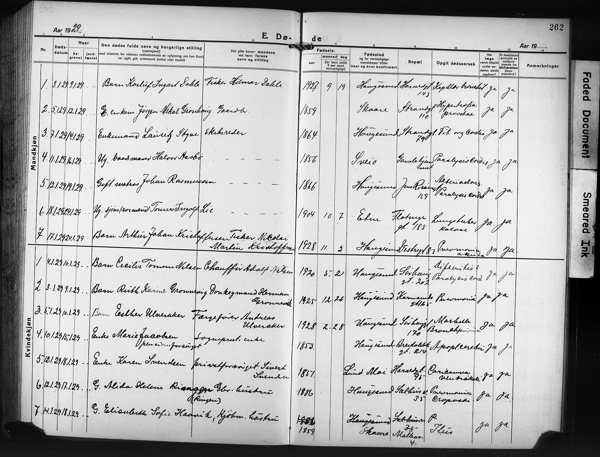 Haugesund sokneprestkontor, SAST/A -101863/H/Ha/Hab/L0010: Parish register (copy) no. B 10, 1920-1931, p. 262