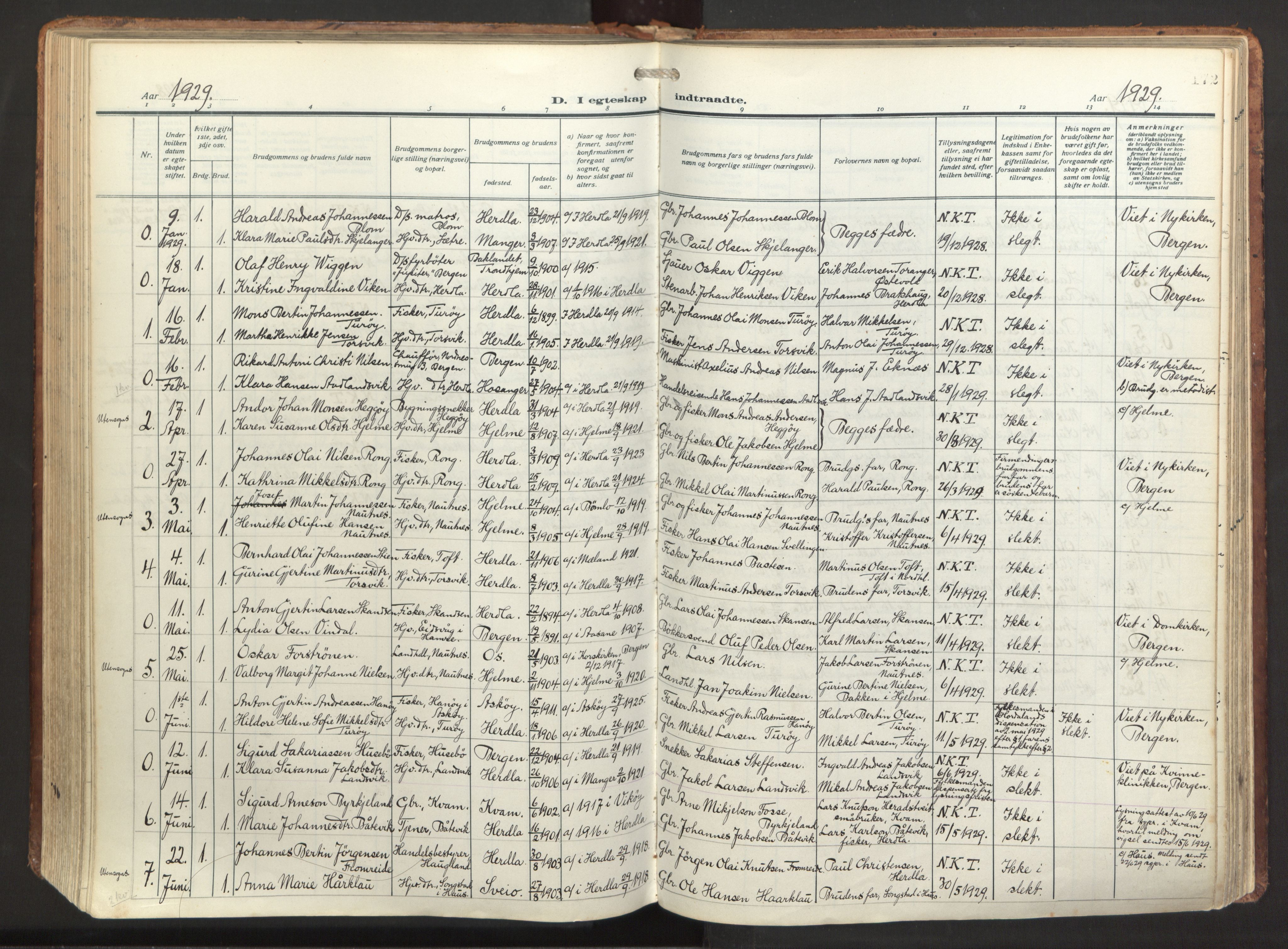 Herdla Sokneprestembete, AV/SAB-A-75701/H/Haa: Parish register (official) no. A 6, 1918-1933, p. 172