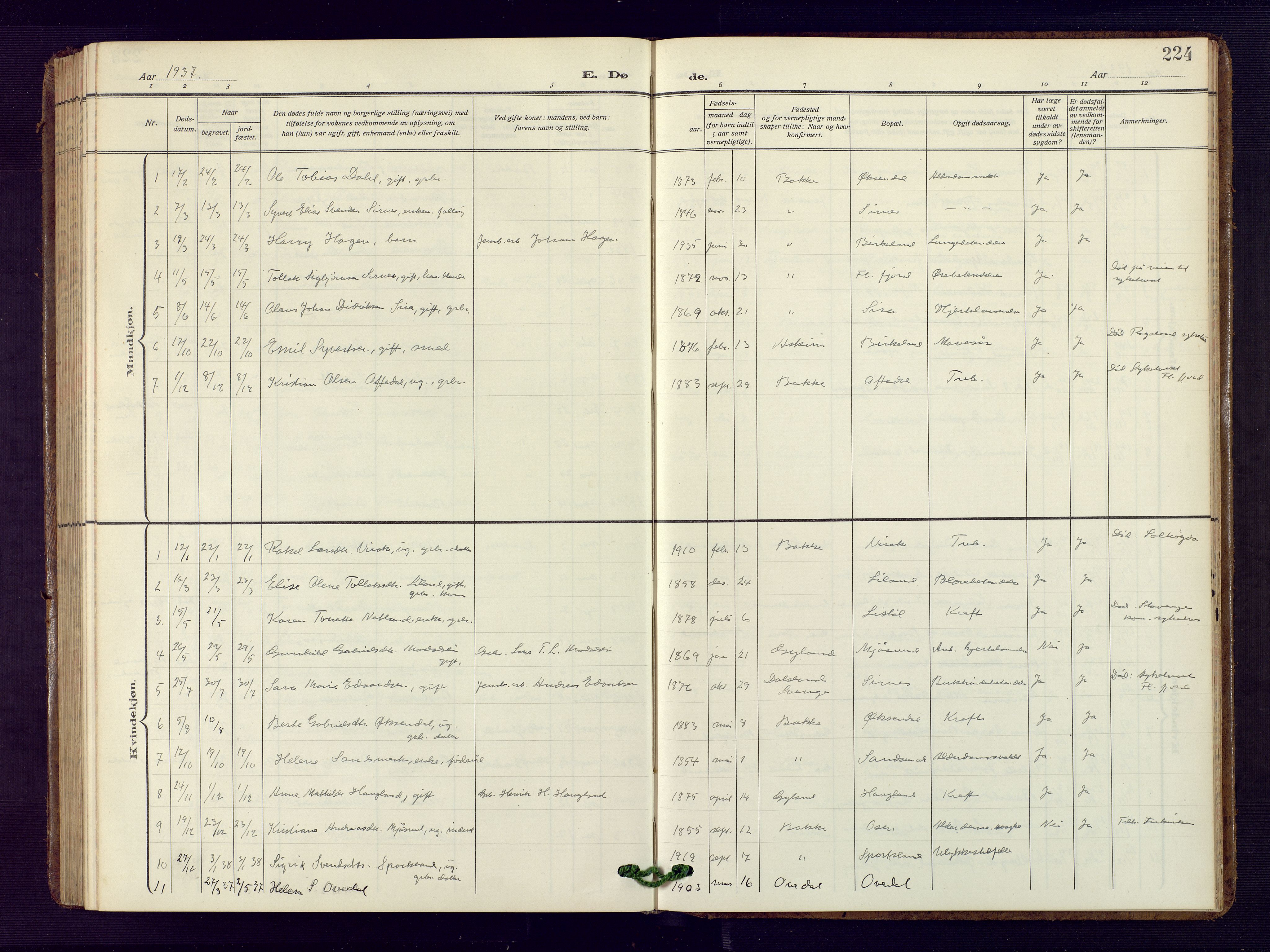 Bakke sokneprestkontor, SAK/1111-0002/F/Fb/Fba/L0004: Parish register (copy) no. B 4, 1911-1946, p. 224