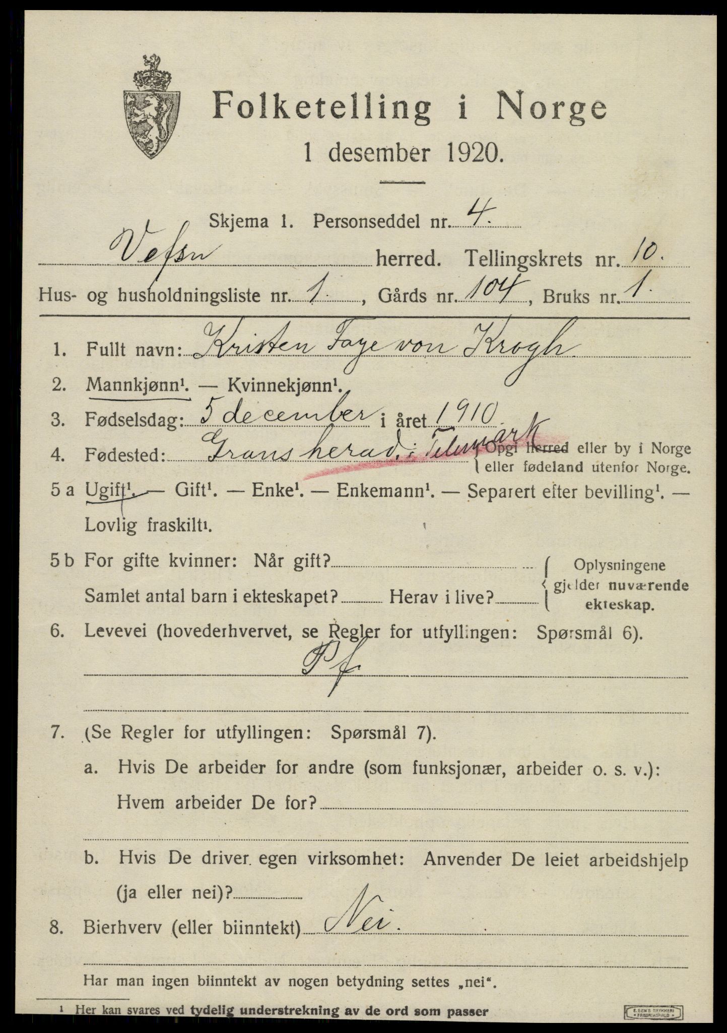 SAT, 1920 census for Vefsn, 1920, p. 6901