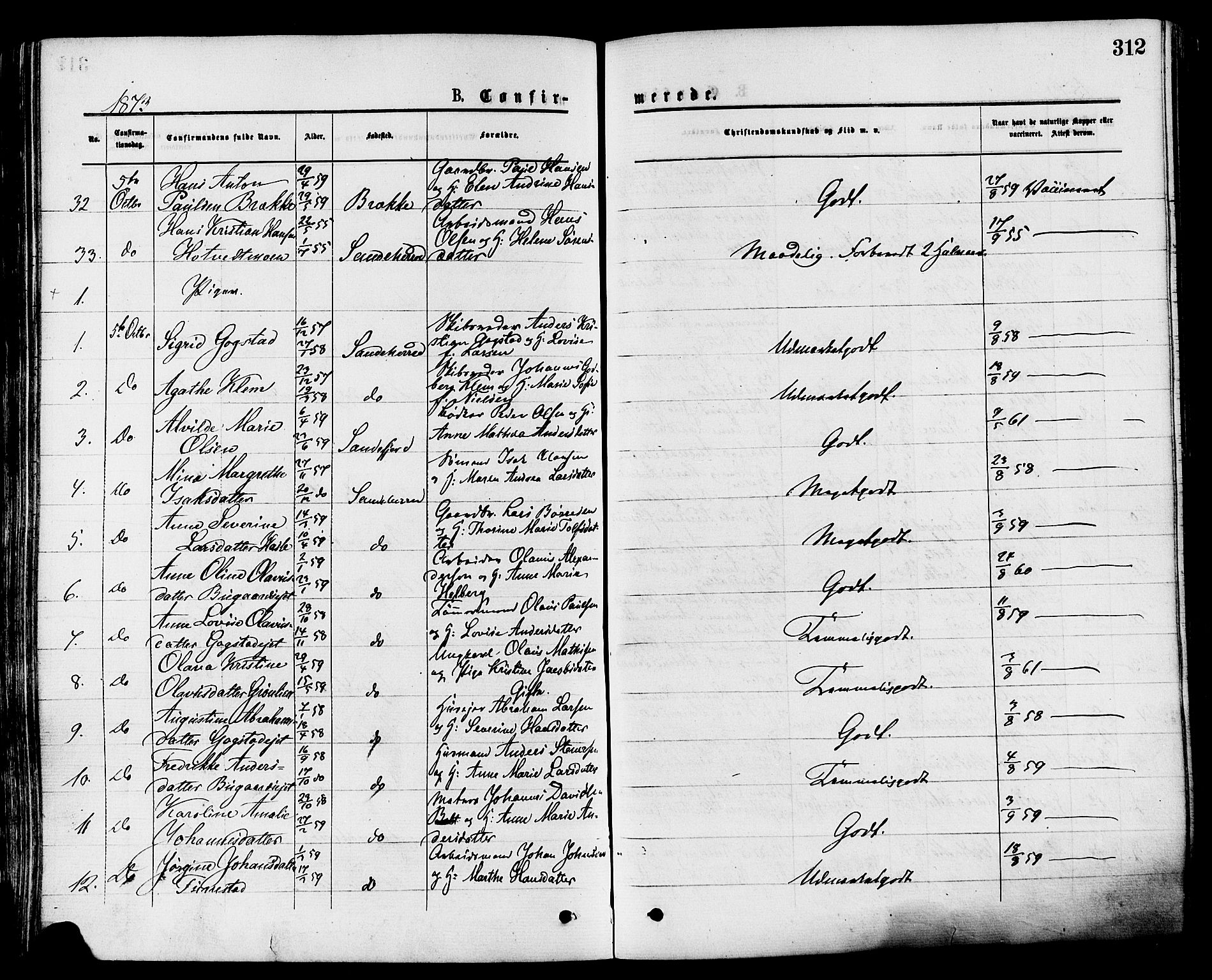 Sandar kirkebøker, AV/SAKO-A-243/F/Fa/L0010: Parish register (official) no. 10, 1872-1882, p. 312