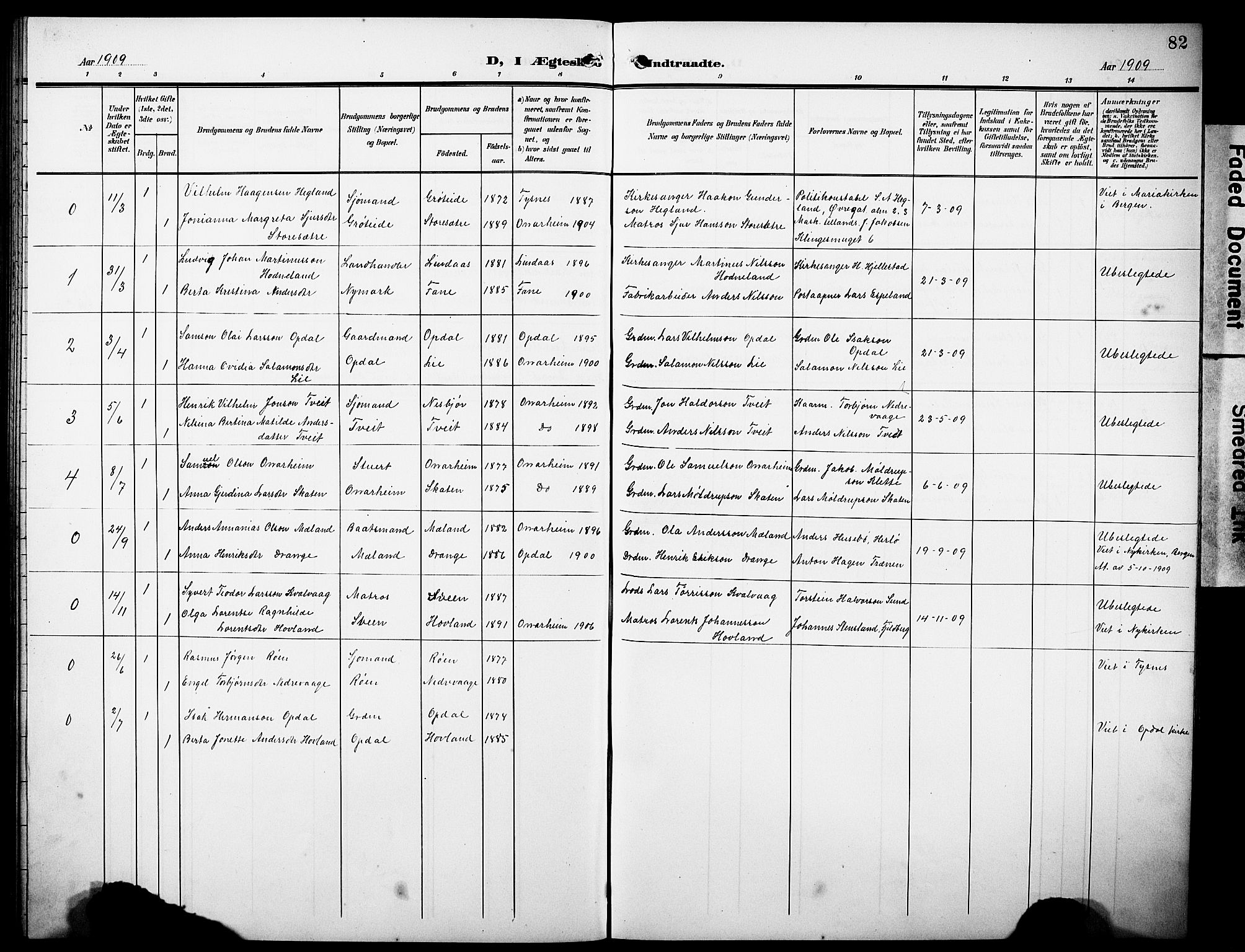 Tysnes sokneprestembete, SAB/A-78601/H/Hab: Parish register (copy) no. C 3, 1908-1924, p. 82