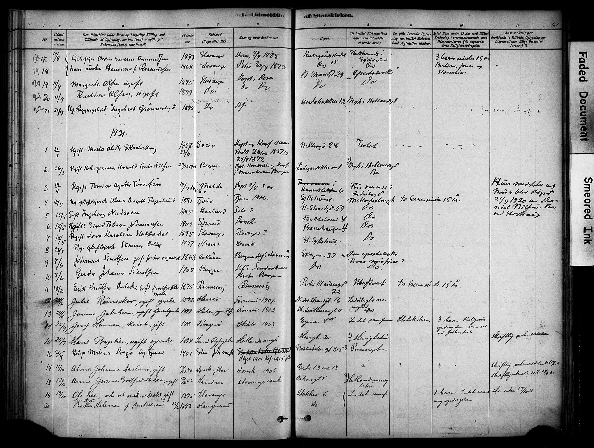 Domkirken sokneprestkontor, SAST/A-101812/001/30/30BA/L0025: Parish register (official) no. A 24, 1877-1927, p. 161