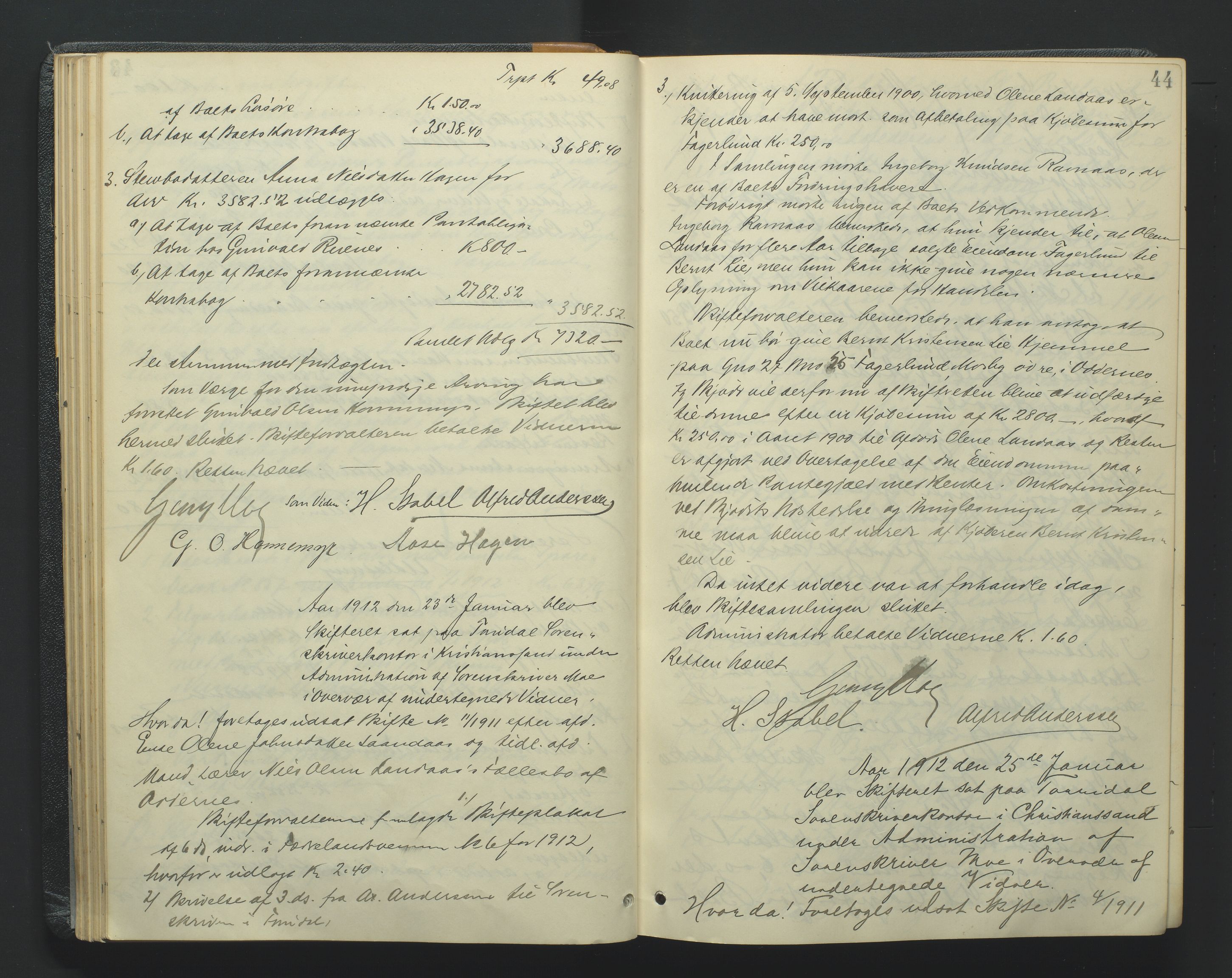 Torridal sorenskriveri, AV/SAK-1221-0012/H/Hc/L0022: Skifteforhandlingsprotokoll med navneregister nr. 8, 1911-1915, p. 44