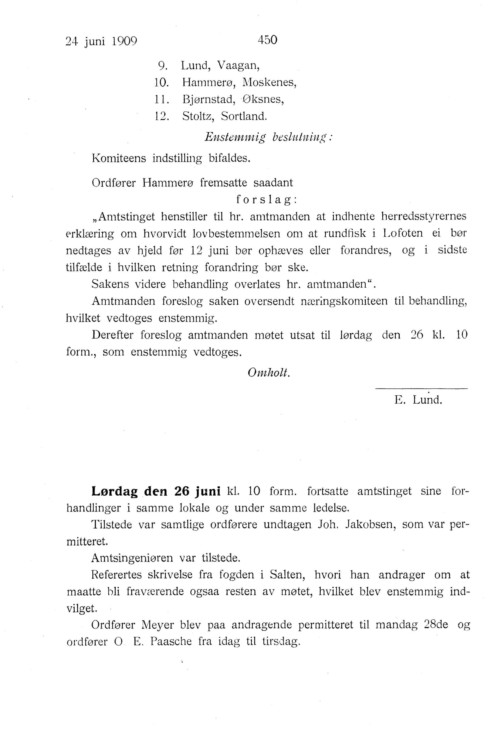 Nordland Fylkeskommune. Fylkestinget, AIN/NFK-17/176/A/Ac/L0032: Fylkestingsforhandlinger 1909, 1909, p. 450