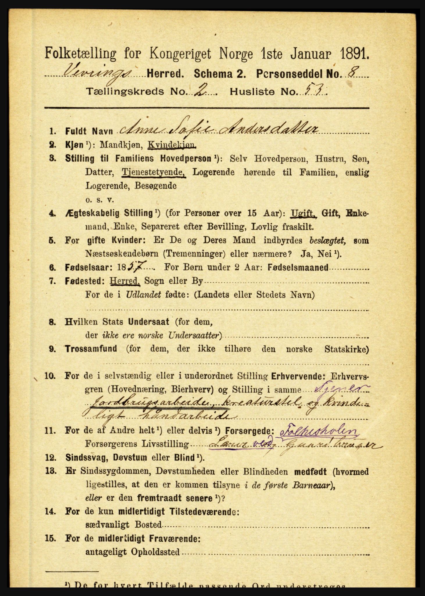 RA, 1891 census for 1434 Vevring, 1891, p. 721