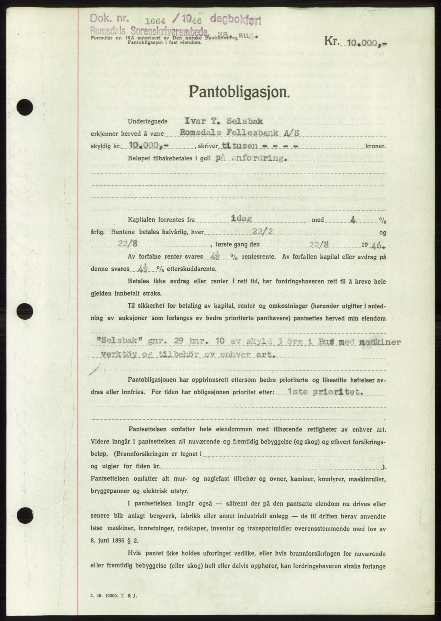 Romsdal sorenskriveri, AV/SAT-A-4149/1/2/2C: Mortgage book no. B3, 1946-1948, Diary no: : 1664/1946