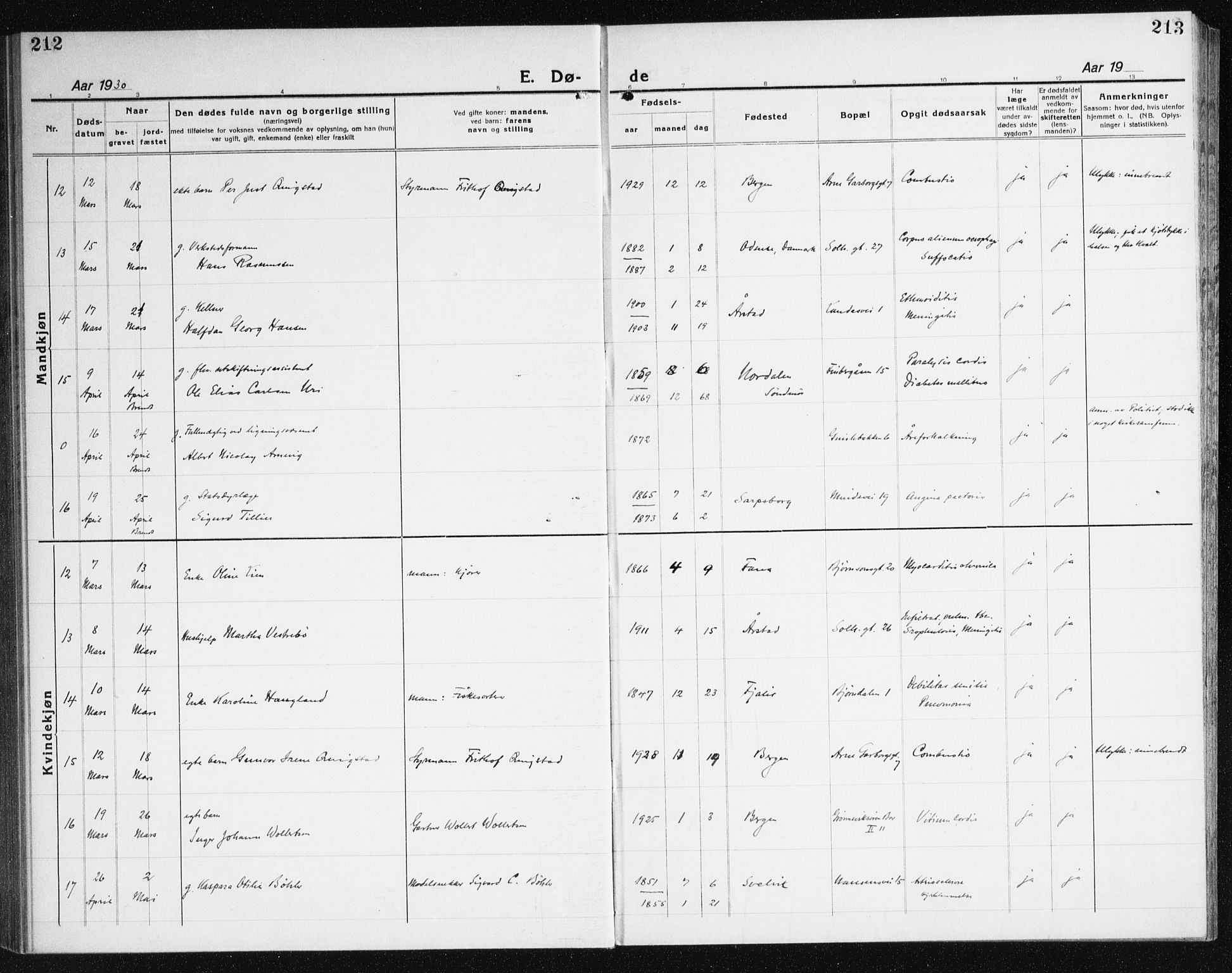 Årstad Sokneprestembete, AV/SAB-A-79301/H/Haa/L0010: Parish register (official) no. E 1, 1921-1940, p. 212-213