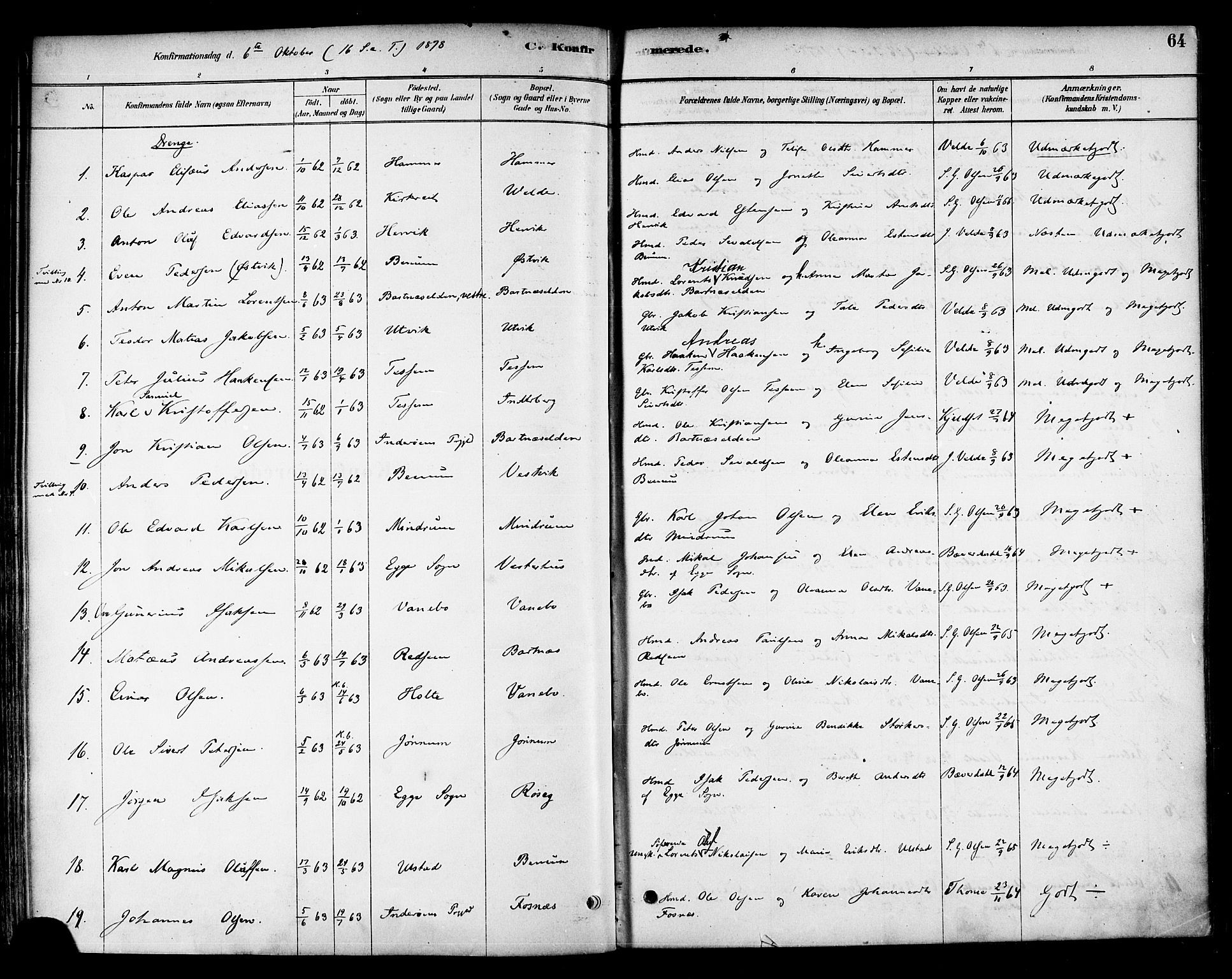 Ministerialprotokoller, klokkerbøker og fødselsregistre - Nord-Trøndelag, AV/SAT-A-1458/741/L0395: Parish register (official) no. 741A09, 1878-1888, p. 64