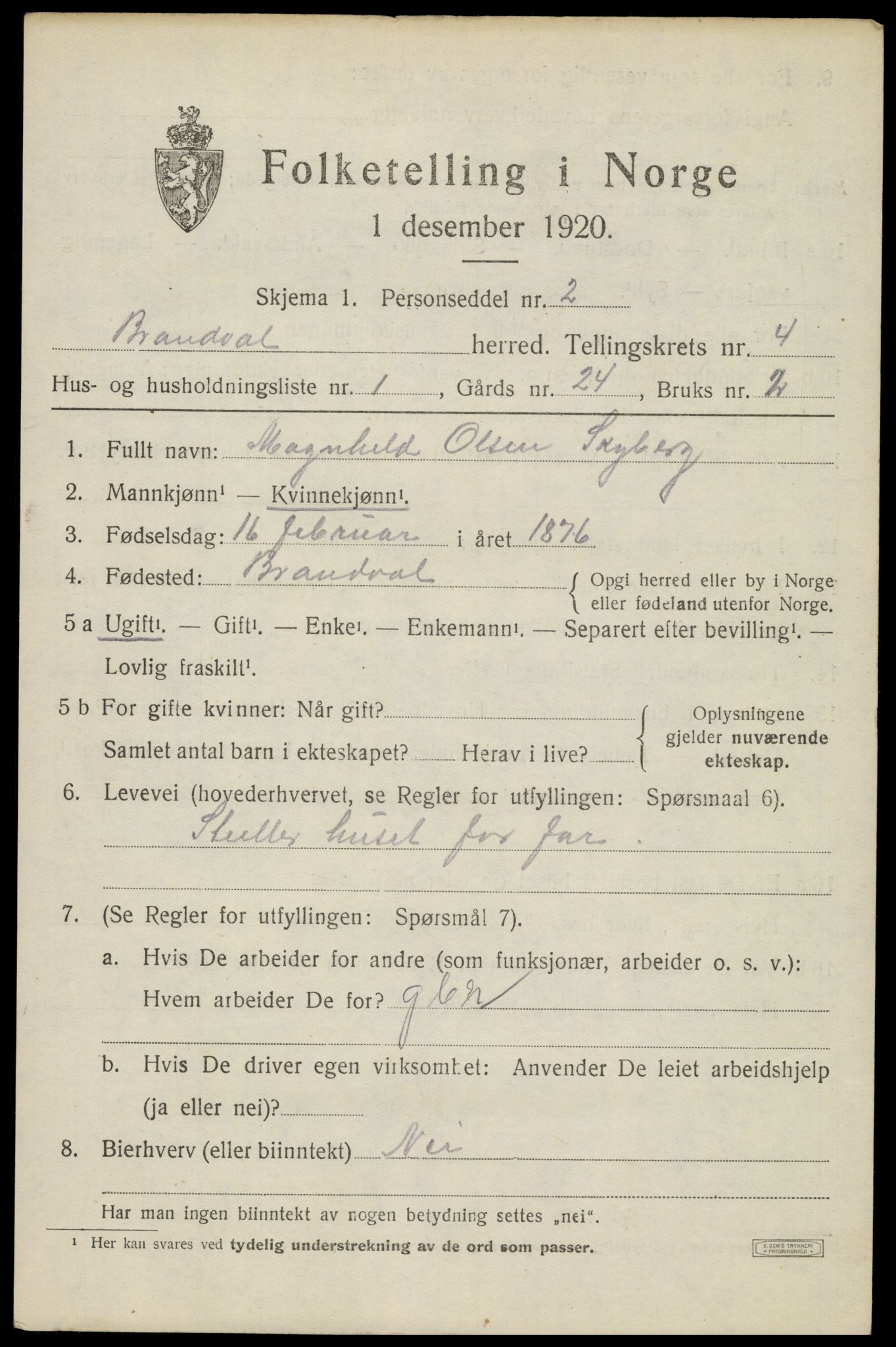 SAH, 1920 census for Brandval, 1920, p. 3764