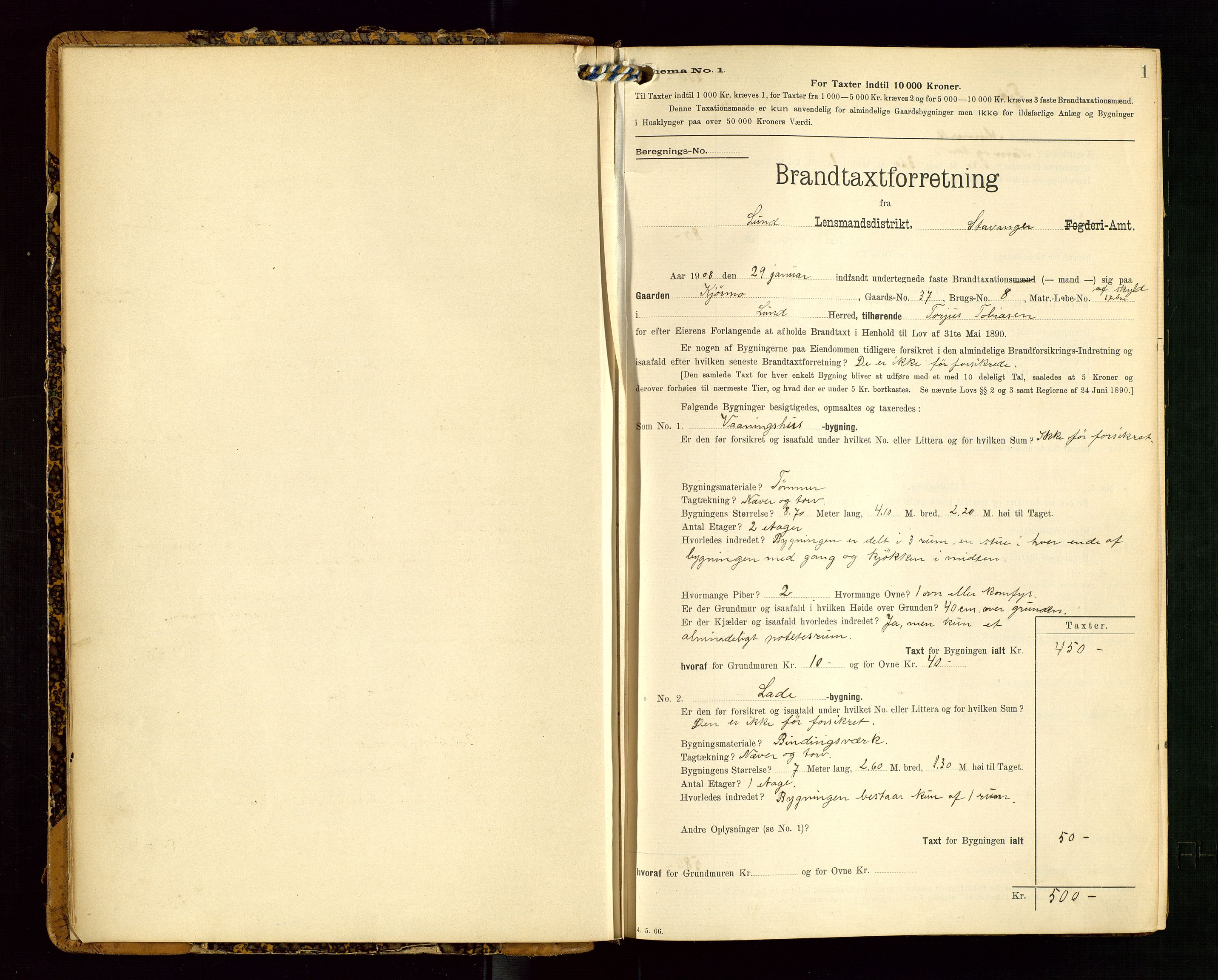 Lund lensmannskontor, SAST/A-100303/Gob/L0002: "Brandtakstprotokol", 1908-1918, p. 1