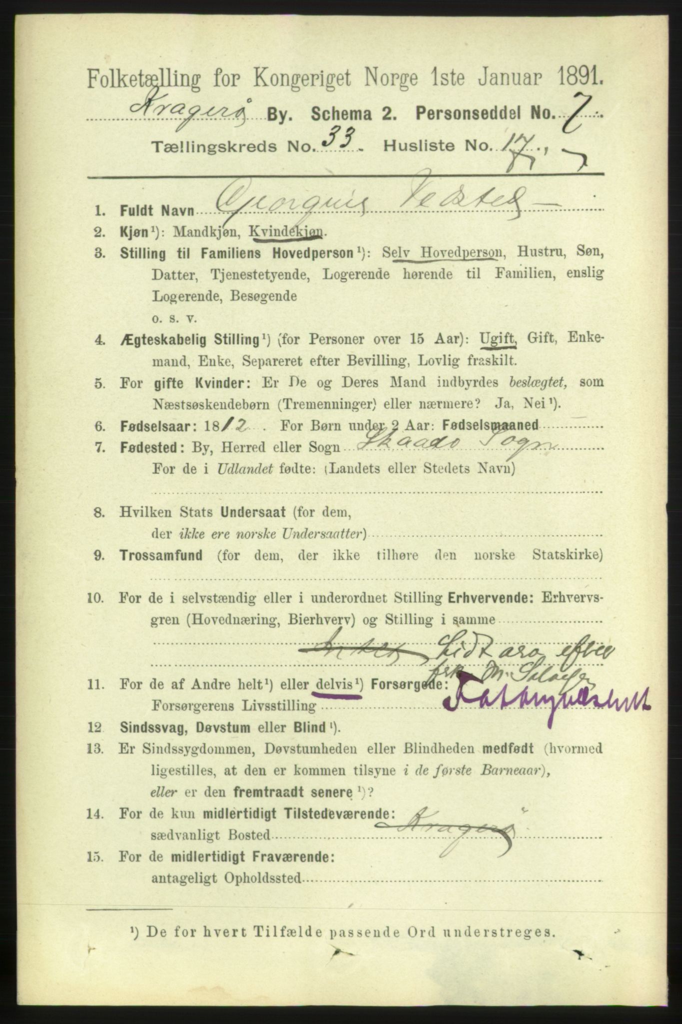 RA, 1891 census for 0801 Kragerø, 1891, p. 6083