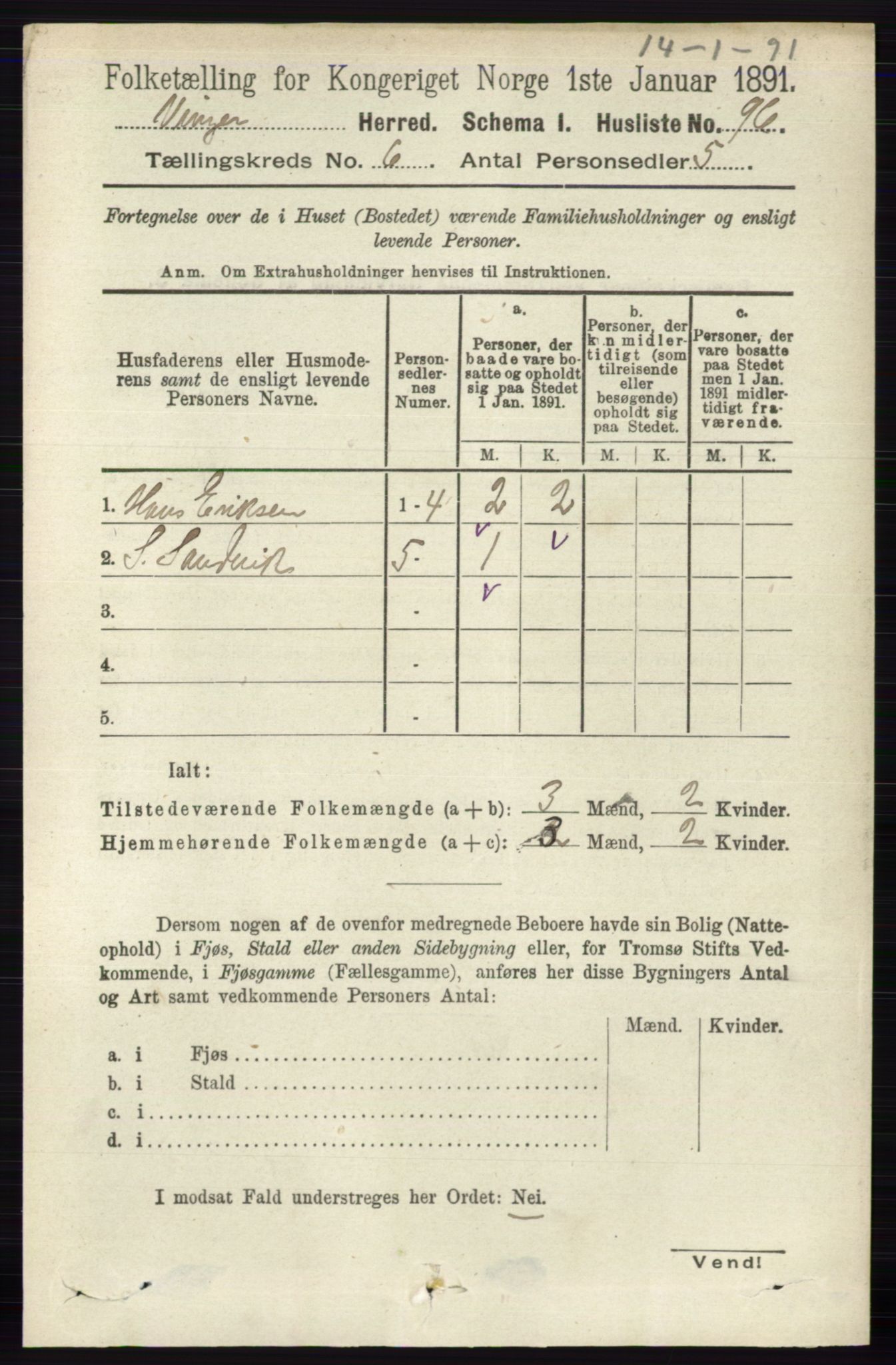 RA, 1891 census for 0421 Vinger, 1891, p. 2609