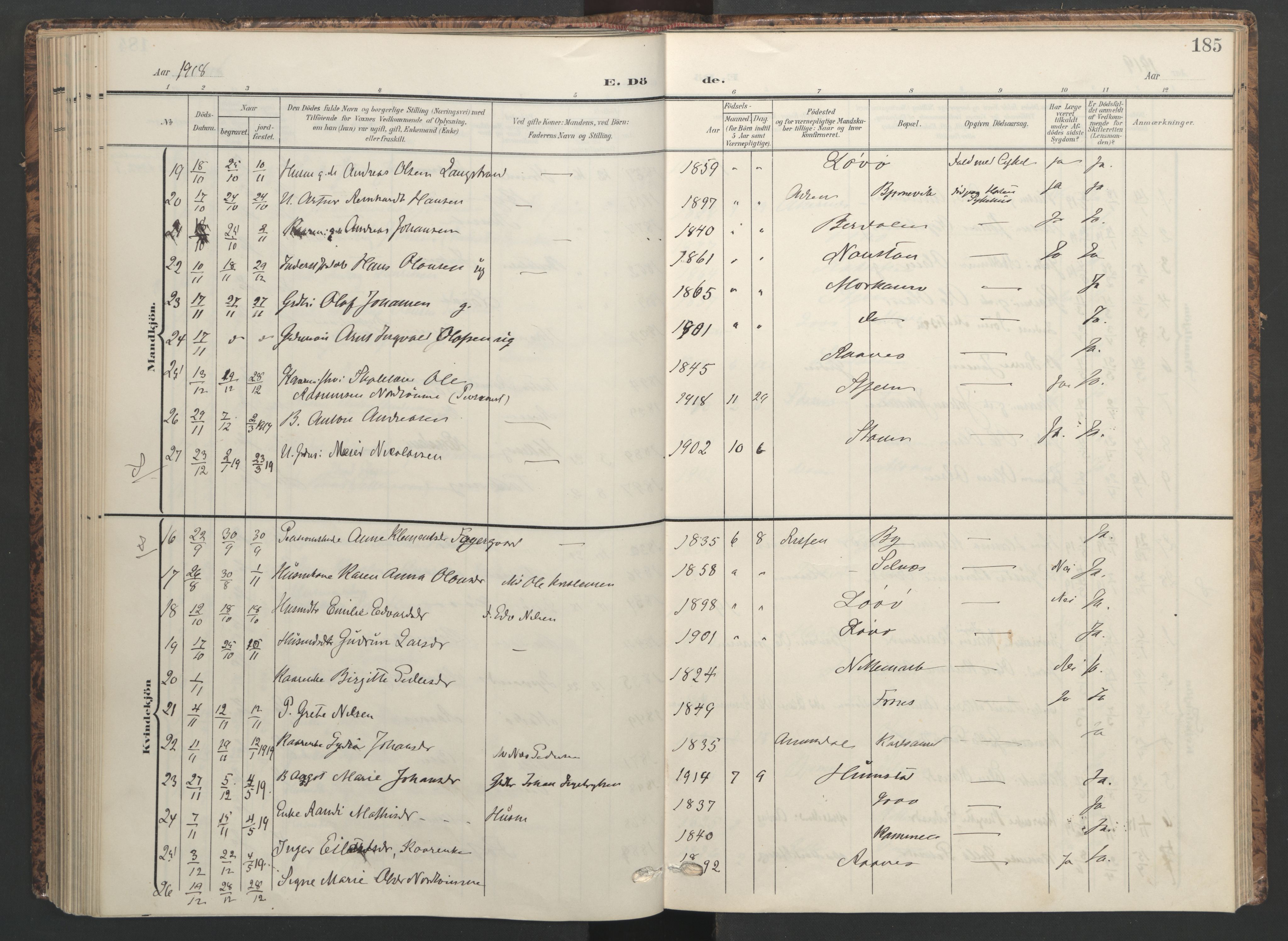 Ministerialprotokoller, klokkerbøker og fødselsregistre - Sør-Trøndelag, SAT/A-1456/655/L0682: Parish register (official) no. 655A11, 1908-1922, p. 185
