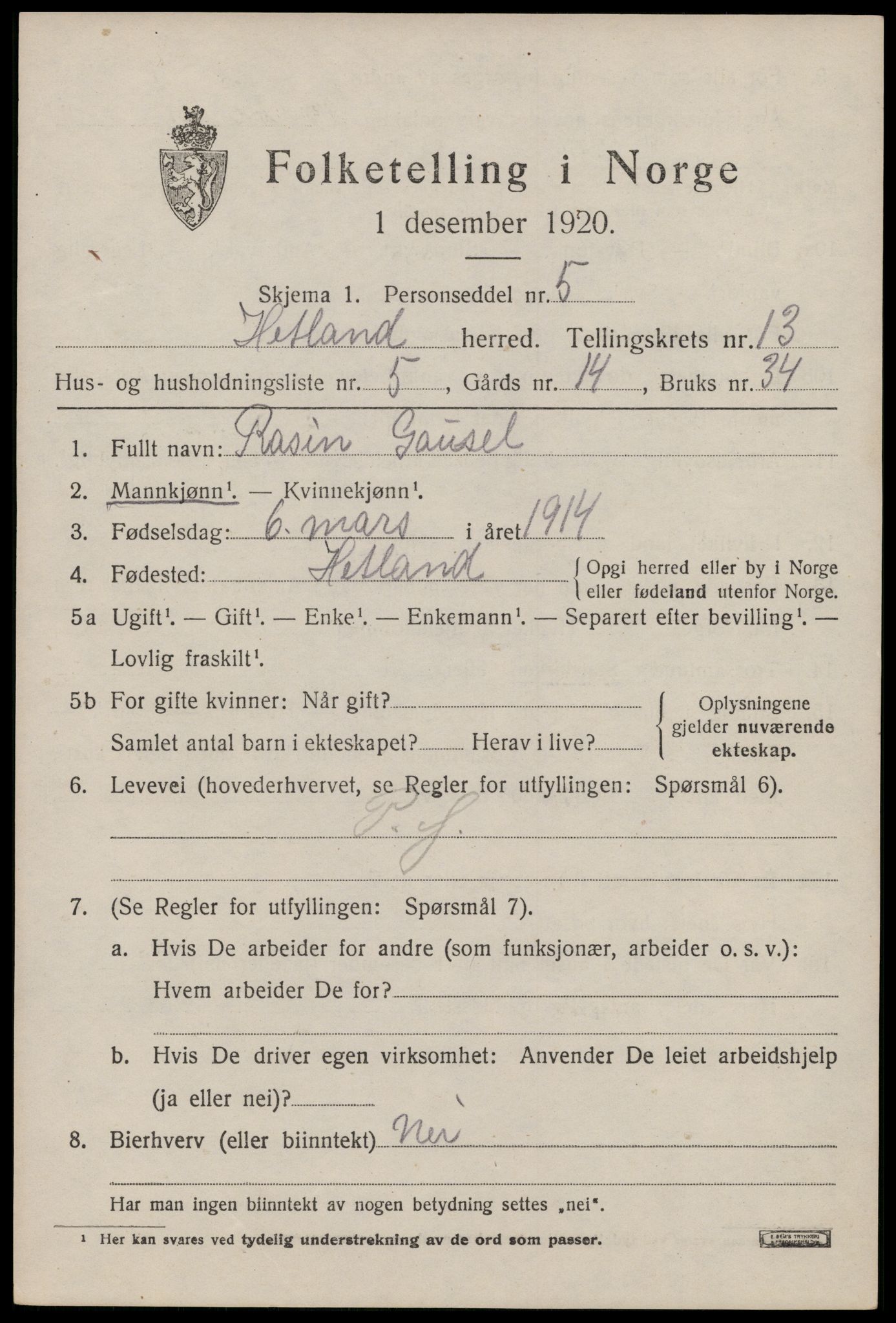 SAST, 1920 census for Hetland, 1920, p. 21695