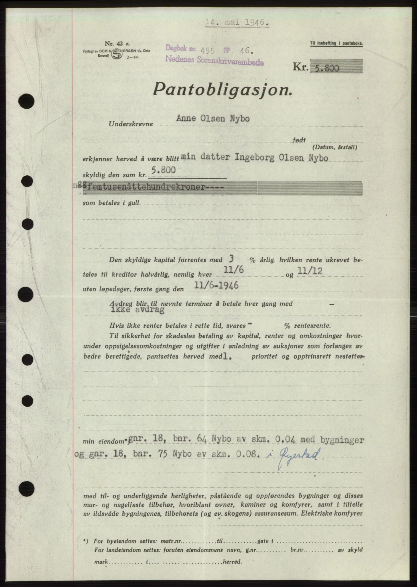 Nedenes sorenskriveri, SAK/1221-0006/G/Gb/Gbb/L0003: Mortgage book no. B3b, 1946-1946, Diary no: : 455/1946