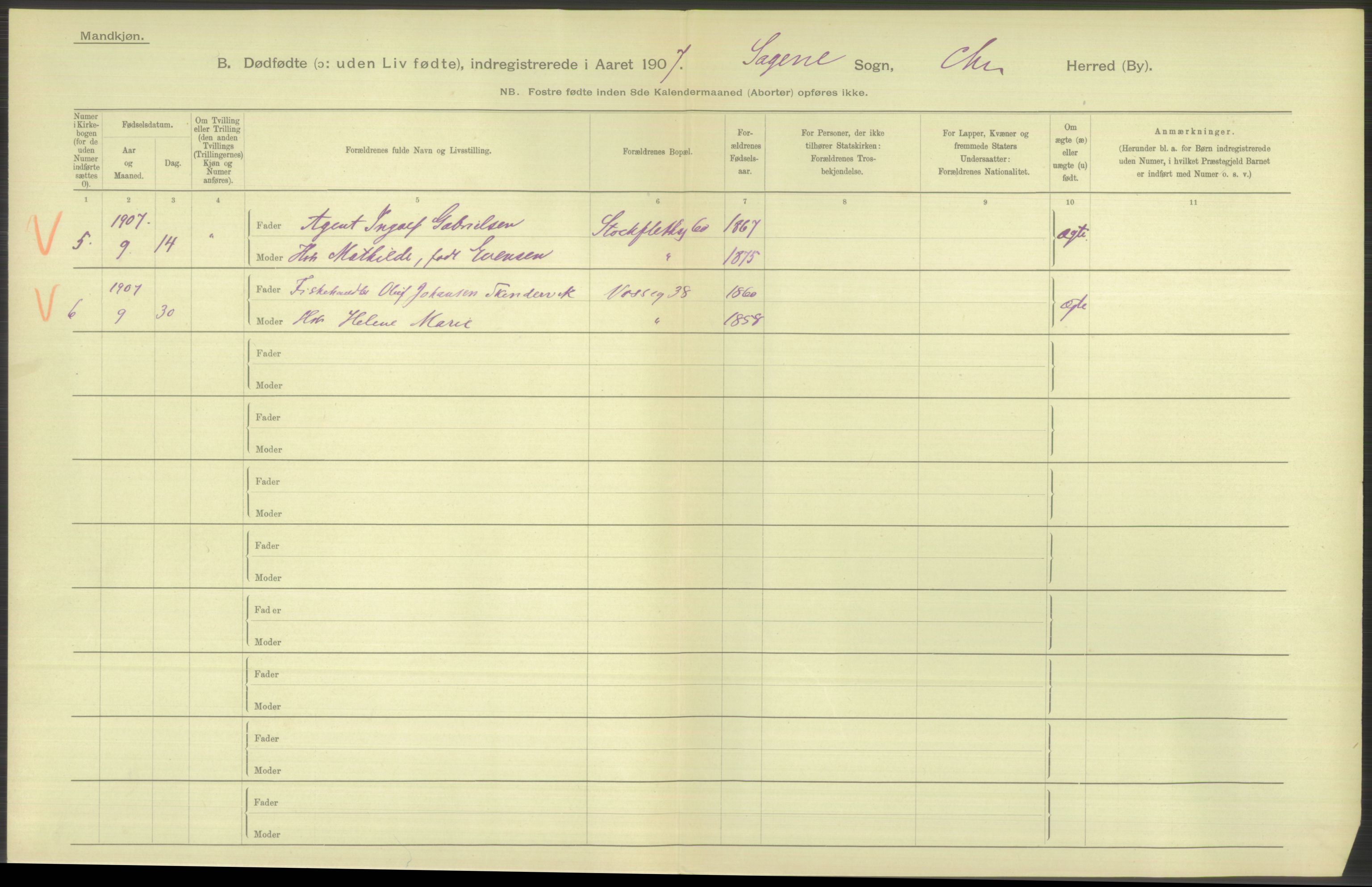 Statistisk sentralbyrå, Sosiodemografiske emner, Befolkning, RA/S-2228/D/Df/Dfa/Dfae/L0010: Kristiania: Døde, dødfødte, 1907, p. 68