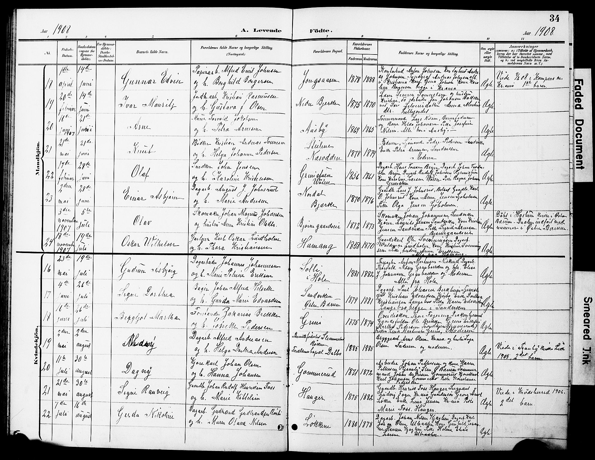 Vestre Bærum prestekontor Kirkebøker, AV/SAO-A-10209a/G/L0001: Parish register (copy) no. 1, 1901-1931, p. 34