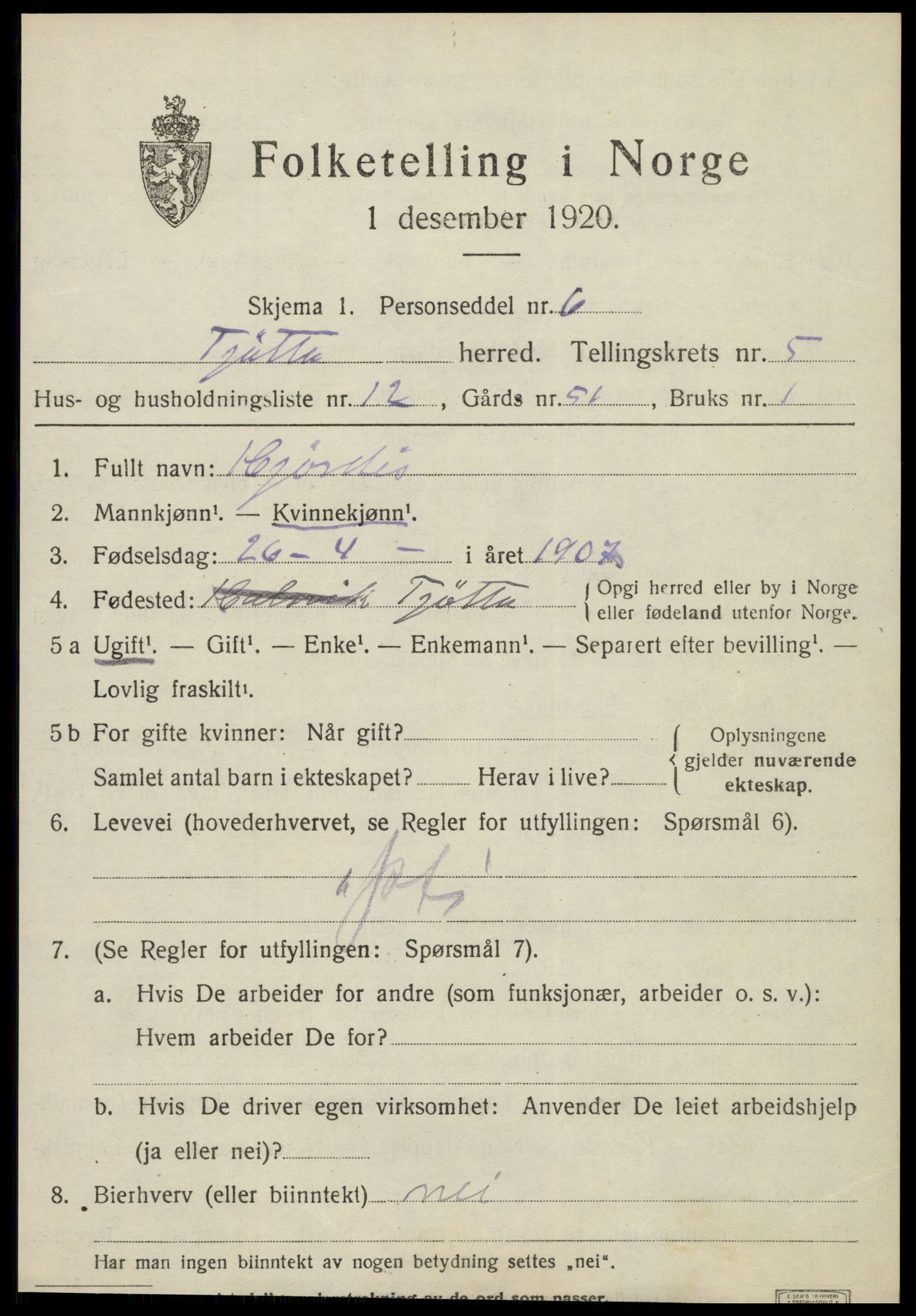 SAT, 1920 census for Tjøtta, 1920, p. 2147