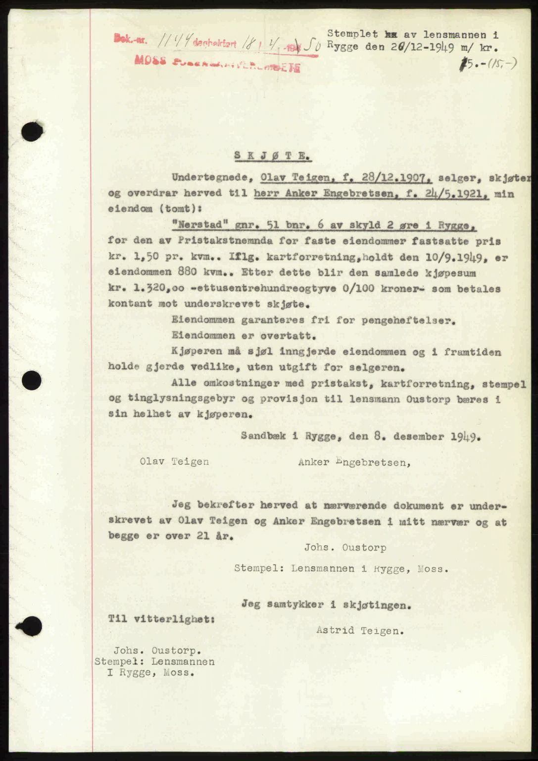 Moss sorenskriveri, SAO/A-10168: Mortgage book no. A25, 1950-1950, Diary no: : 1144/1950