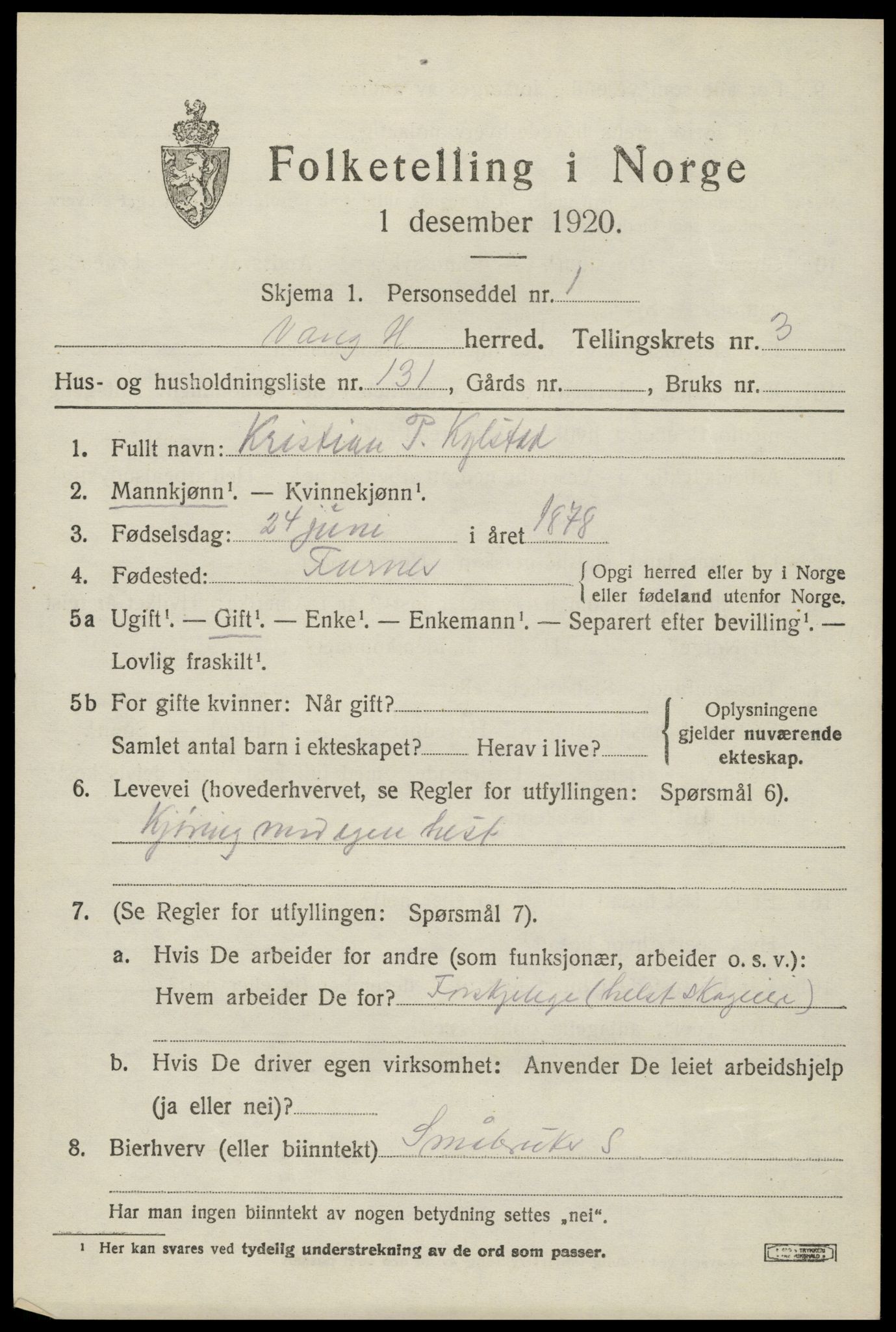 SAH, 1920 census for Vang (Hedmark), 1920, p. 11067