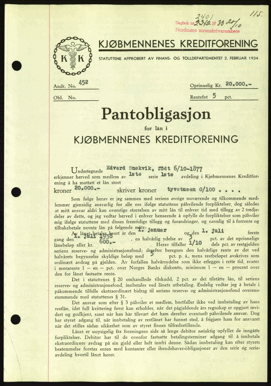 Nordmøre sorenskriveri, SAT/A-4132/1/2/2Ca: Mortgage book no. B84, 1938-1939, Diary no: : 2401/1938