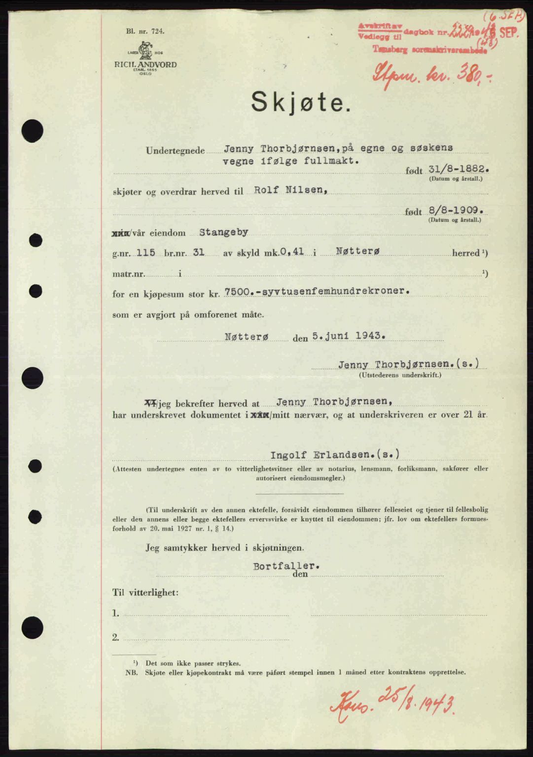 Tønsberg sorenskriveri, AV/SAKO-A-130/G/Ga/Gaa/L0013: Mortgage book no. A13, 1943-1943, Diary no: : 2229/1943