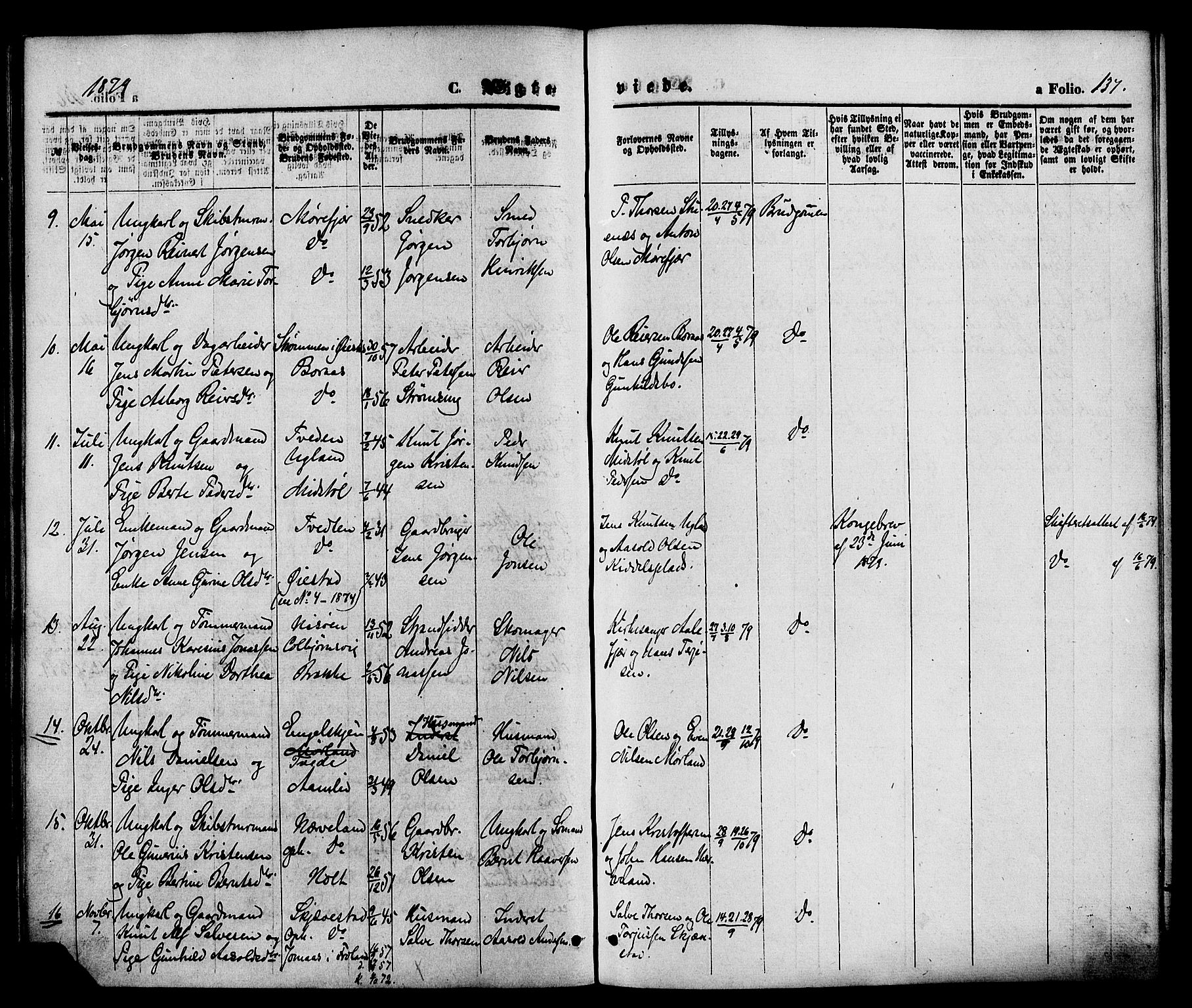 Austre Moland sokneprestkontor, AV/SAK-1111-0001/F/Fa/Faa/L0009: Parish register (official) no. A 9, 1869-1879, p. 137