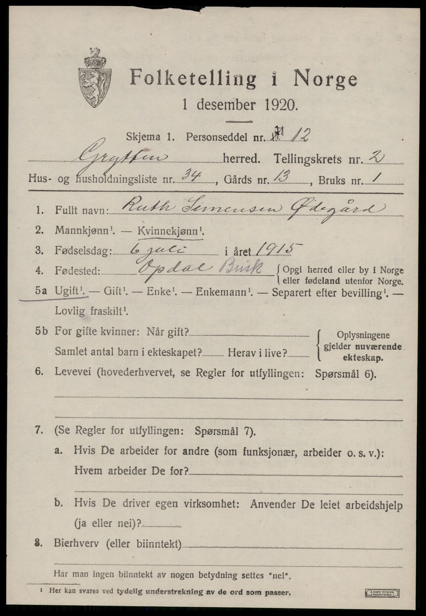 SAT, 1920 census for Grytten, 1920, p. 2216