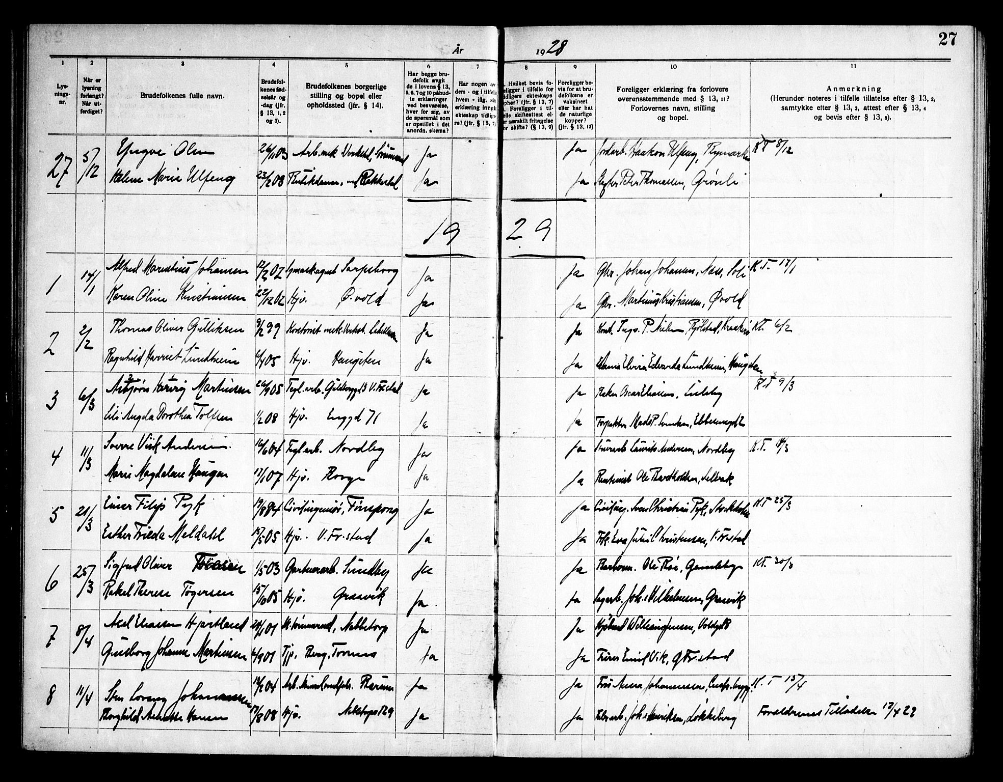 Østre Fredrikstad prestekontor Kirkebøker, AV/SAO-A-10907/H/Ha/L0001: Banns register no. 1, 1919-1951, p. 27