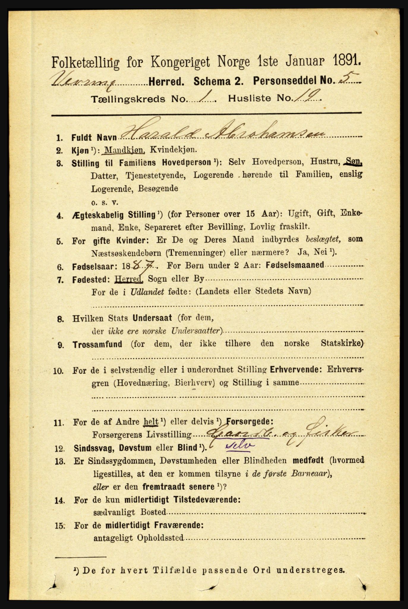 RA, 1891 census for 1434 Vevring, 1891, p. 182