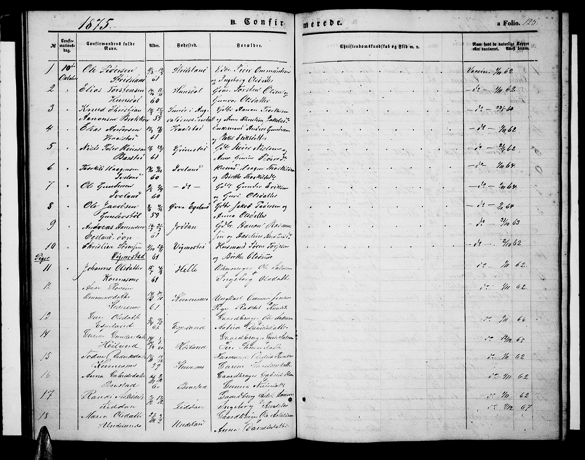 Nord-Audnedal sokneprestkontor, AV/SAK-1111-0032/F/Fb/Fba/L0002: Parish register (copy) no. B 2, 1856-1882, p. 125