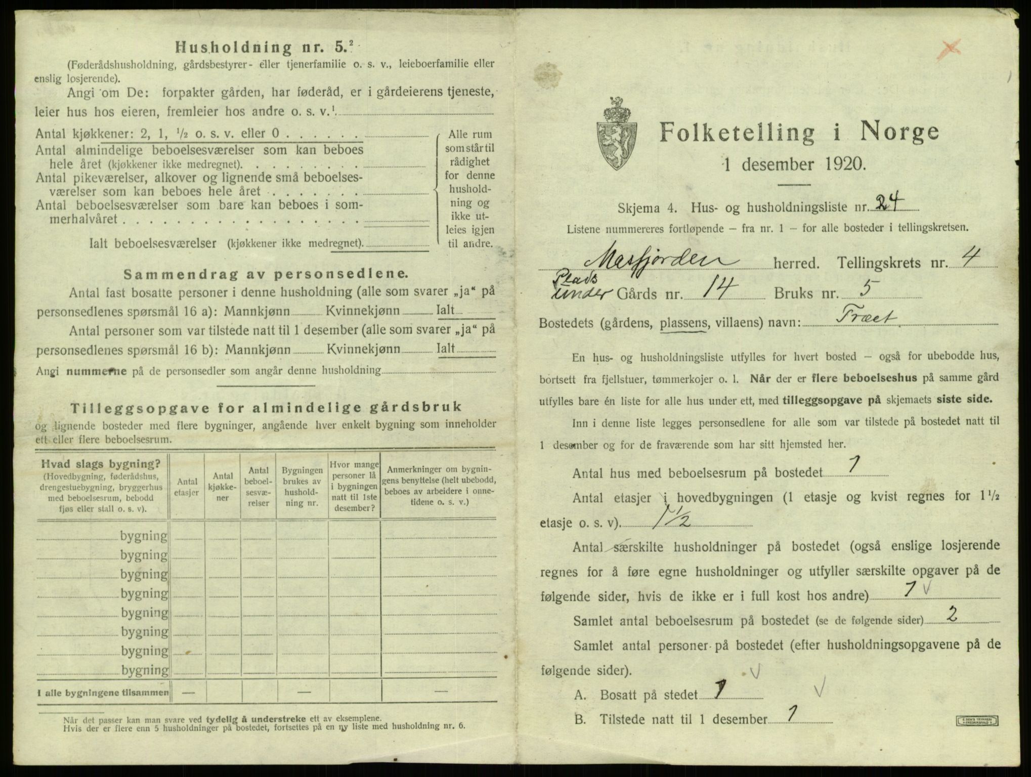 SAB, 1920 census for Masfjorden, 1920, p. 243