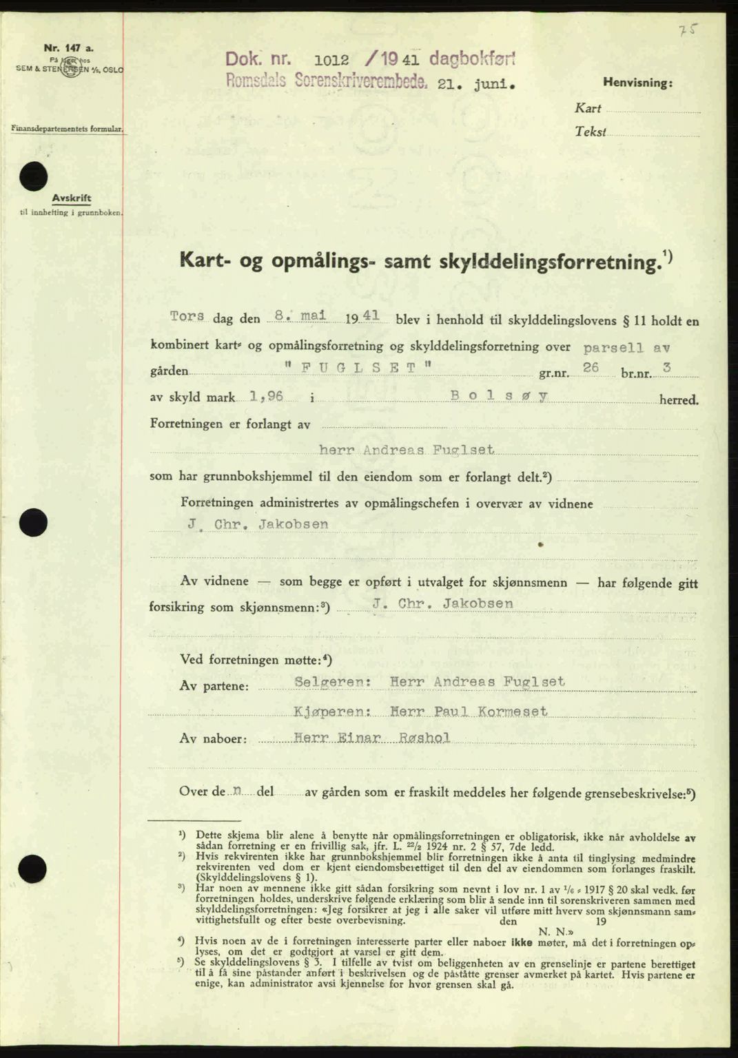 Romsdal sorenskriveri, AV/SAT-A-4149/1/2/2C: Mortgage book no. A10, 1941-1941, Diary no: : 1012/1941