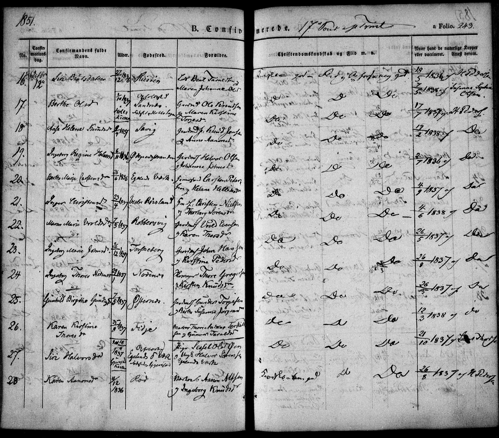 Søndeled sokneprestkontor, SAK/1111-0038/F/Fa/L0002: Parish register (official) no. A 2, 1839-1860, p. 243