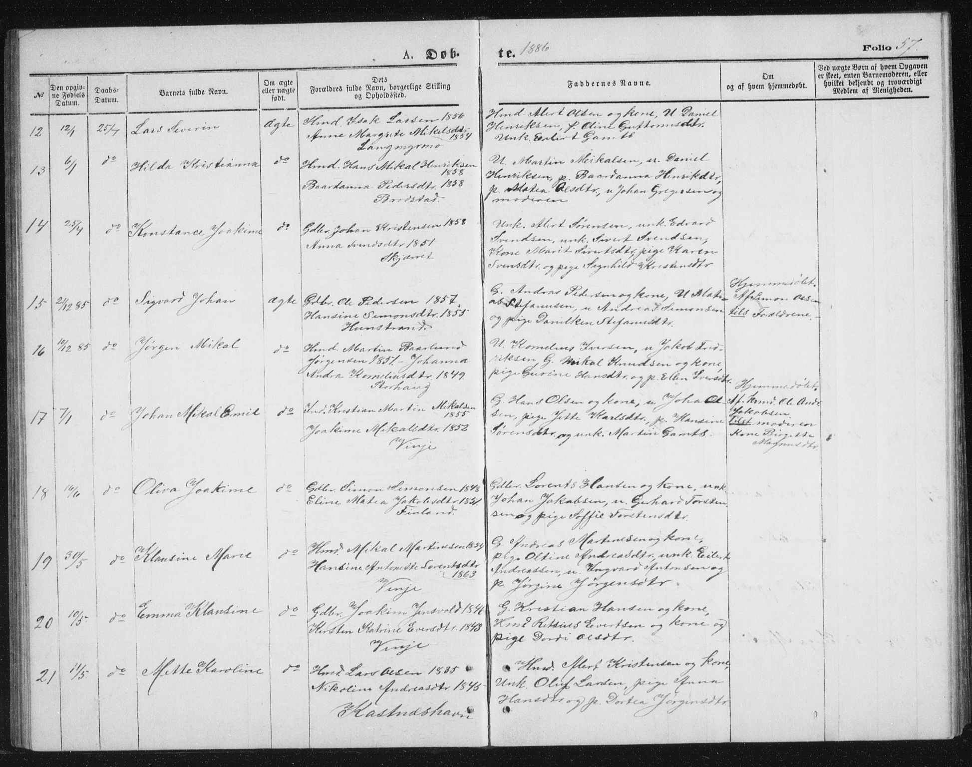 Tranøy sokneprestkontor, AV/SATØ-S-1313/I/Ia/Iab/L0013klokker: Parish register (copy) no. 13, 1874-1896, p. 57