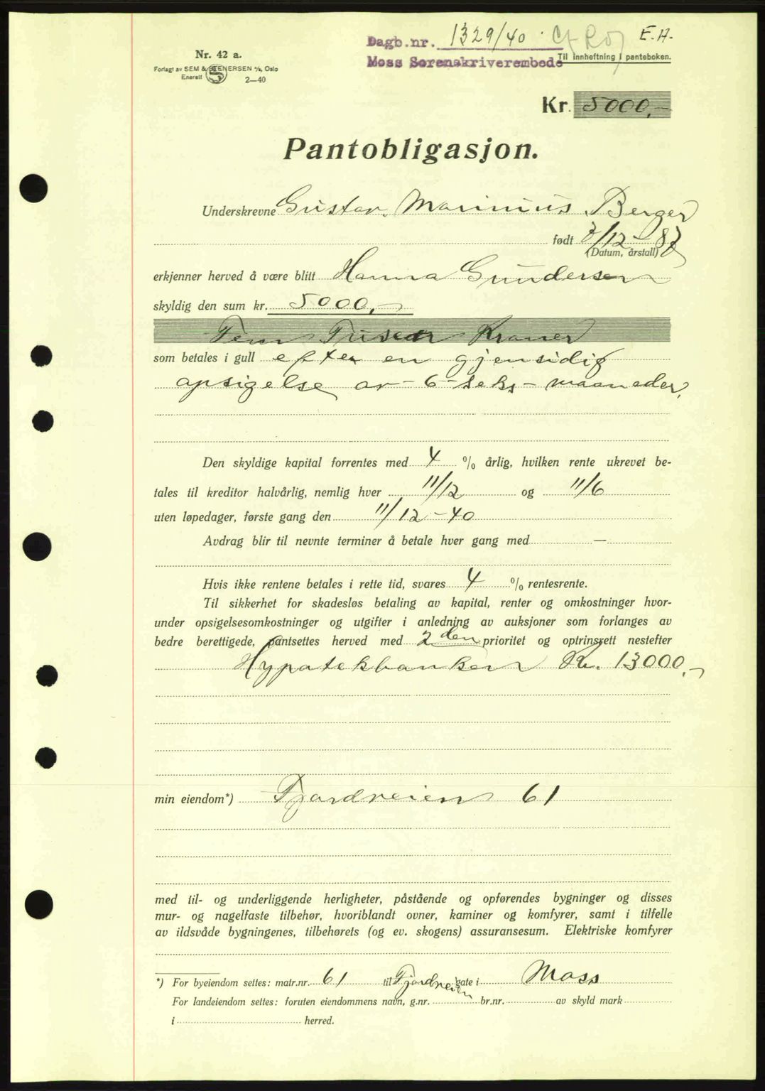Moss sorenskriveri, SAO/A-10168: Mortgage book no. B10, 1940-1941, Diary no: : 1329/1940
