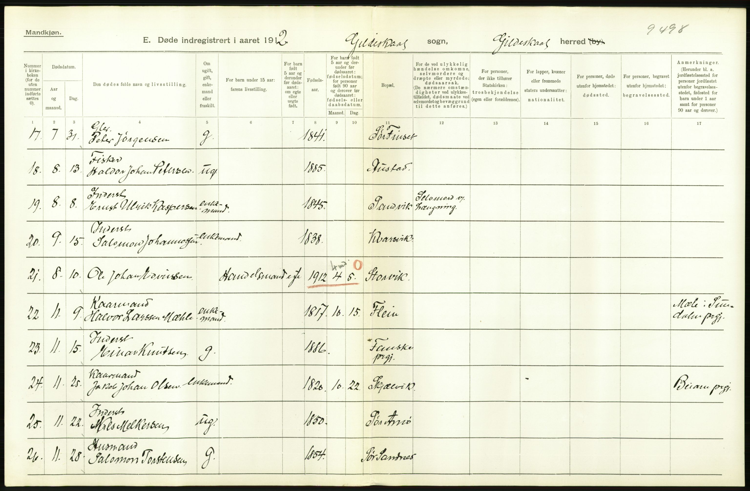 Statistisk sentralbyrå, Sosiodemografiske emner, Befolkning, AV/RA-S-2228/D/Df/Dfb/Dfbb/L0048: Nordlands amt: Døde, dødfødte. Bygder og byer., 1912, p. 186