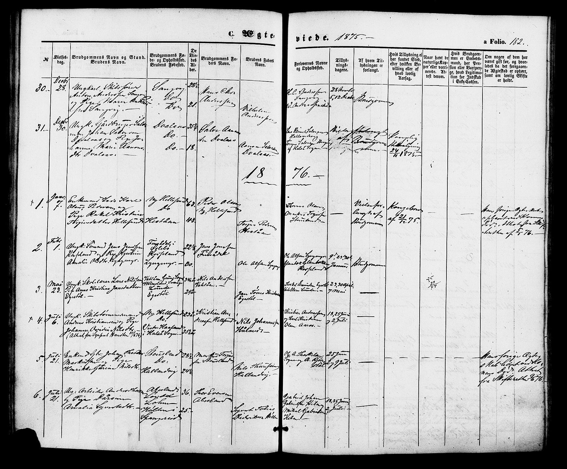 Søgne sokneprestkontor, SAK/1111-0037/F/Fa/Fab/L0011: Parish register (official) no. A 11, 1869-1879, p. 182