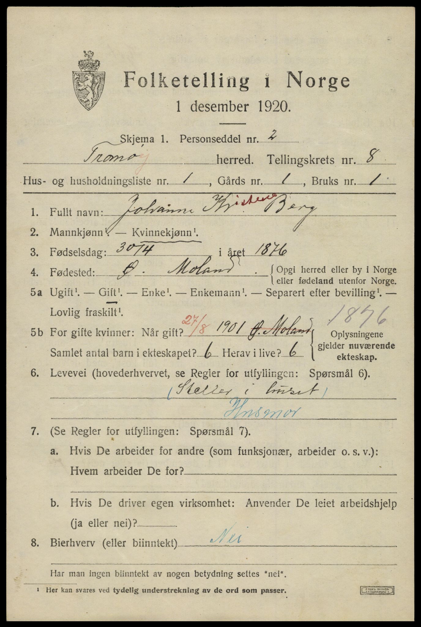 SAK, 1920 census for Tromøy, 1920, p. 5359