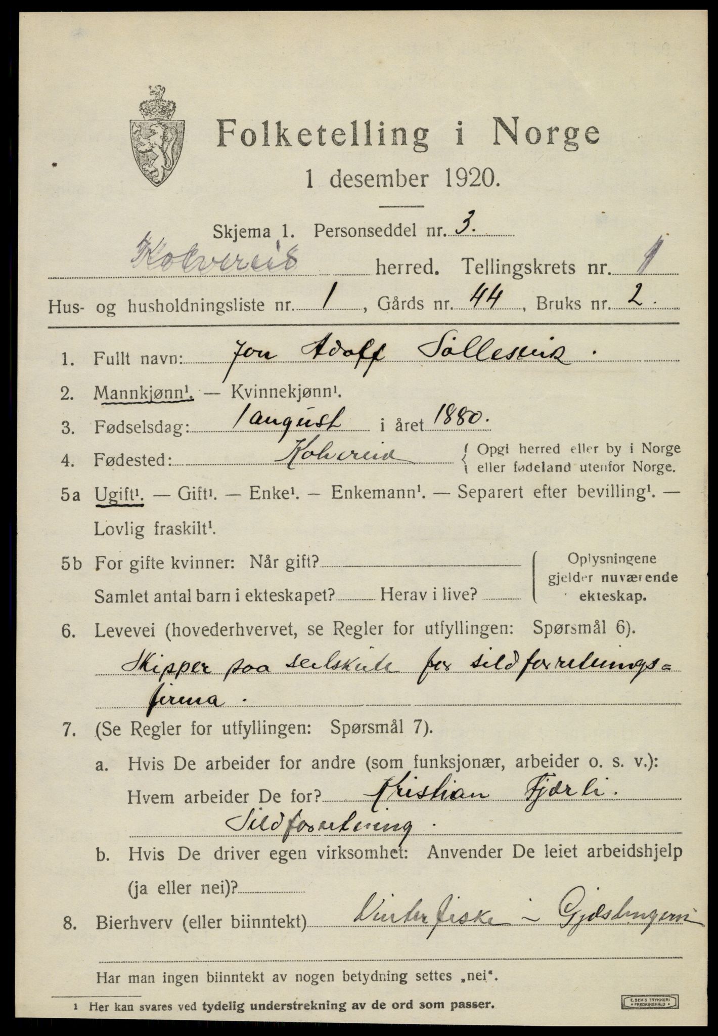 SAT, 1920 census for Kolvereid, 1920, p. 863