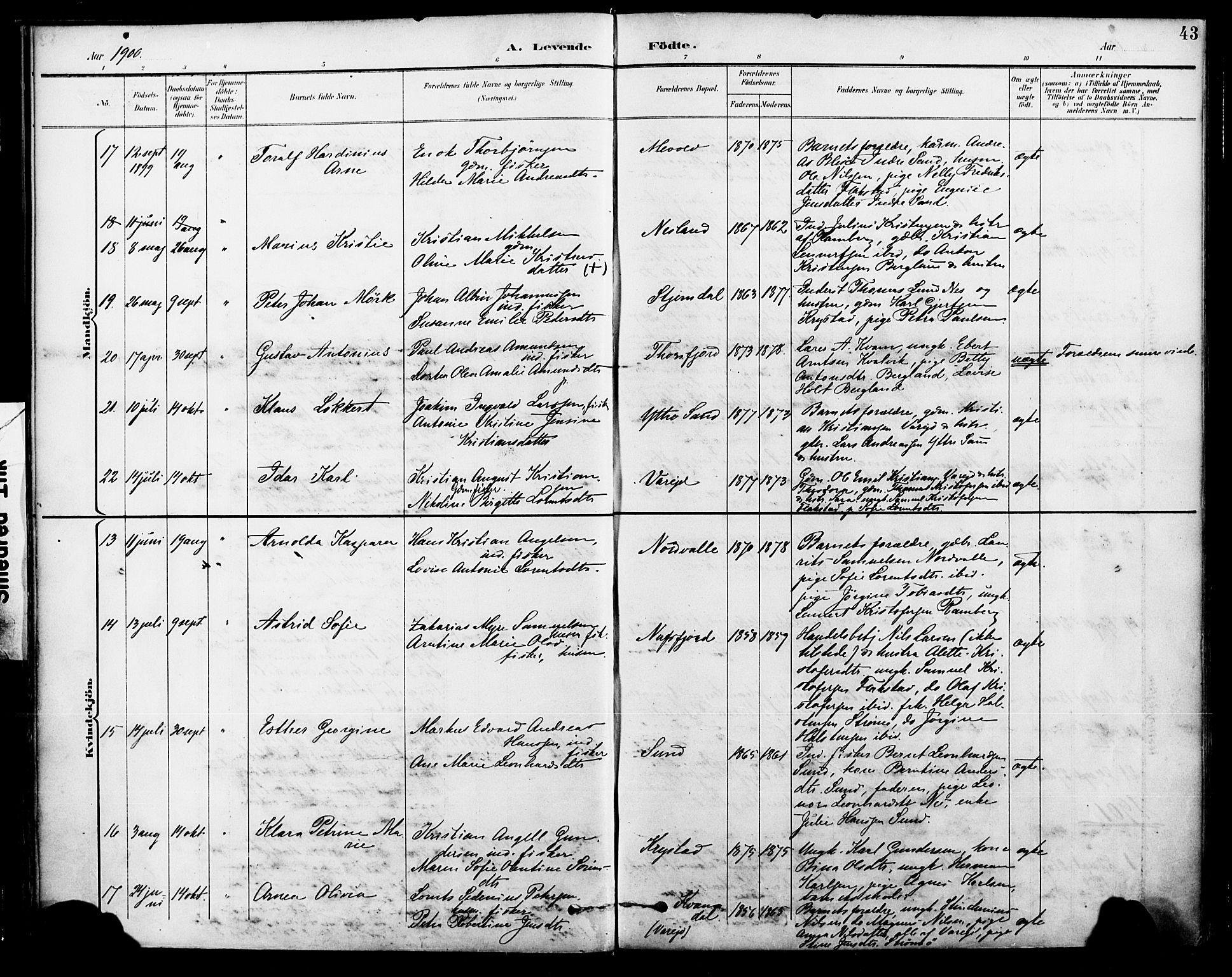 Ministerialprotokoller, klokkerbøker og fødselsregistre - Nordland, AV/SAT-A-1459/885/L1205: Parish register (official) no. 885A06, 1892-1905, p. 43