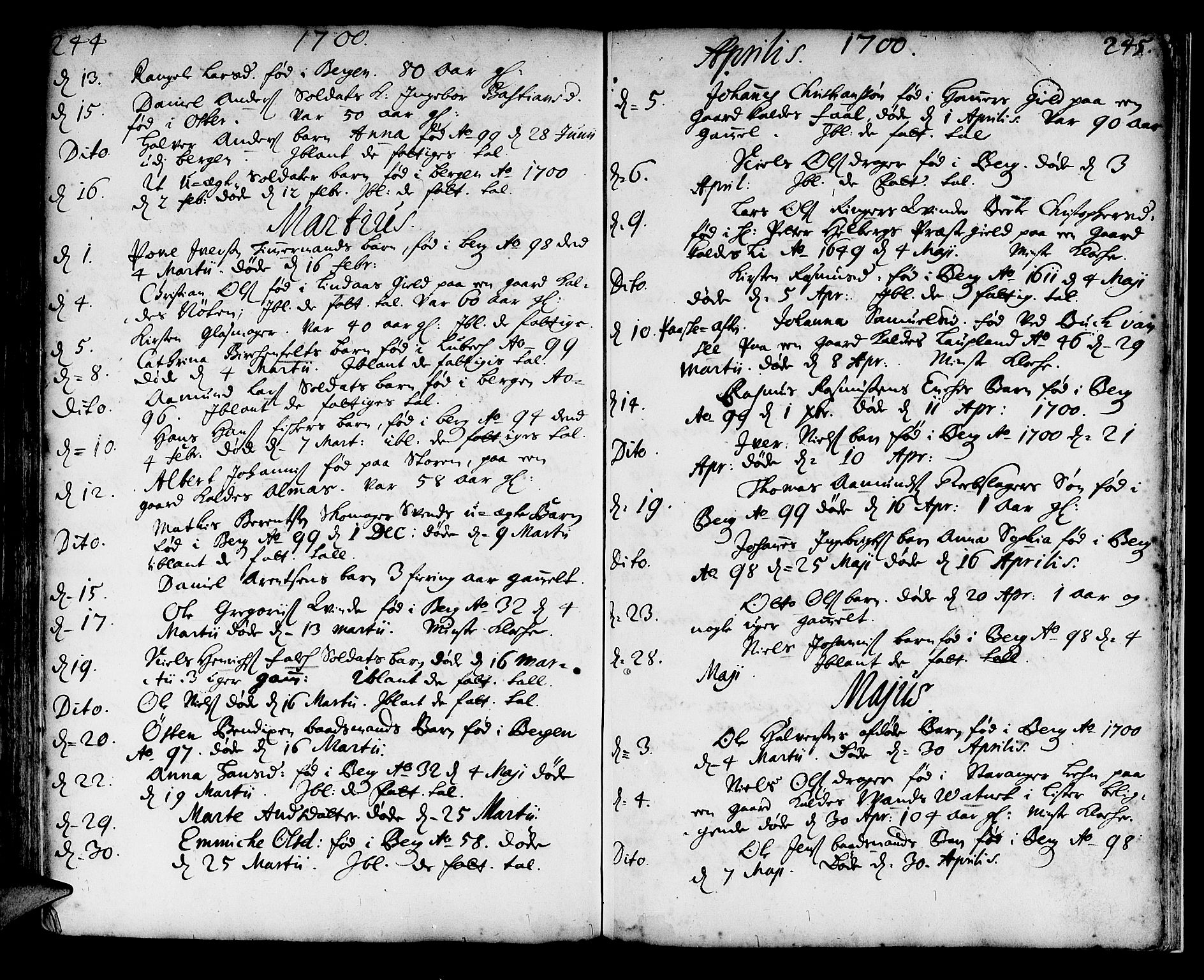 Korskirken sokneprestembete, AV/SAB-A-76101/H/Haa/L0010: Parish register (official) no. A 10, 1688-1703, p. 244-245