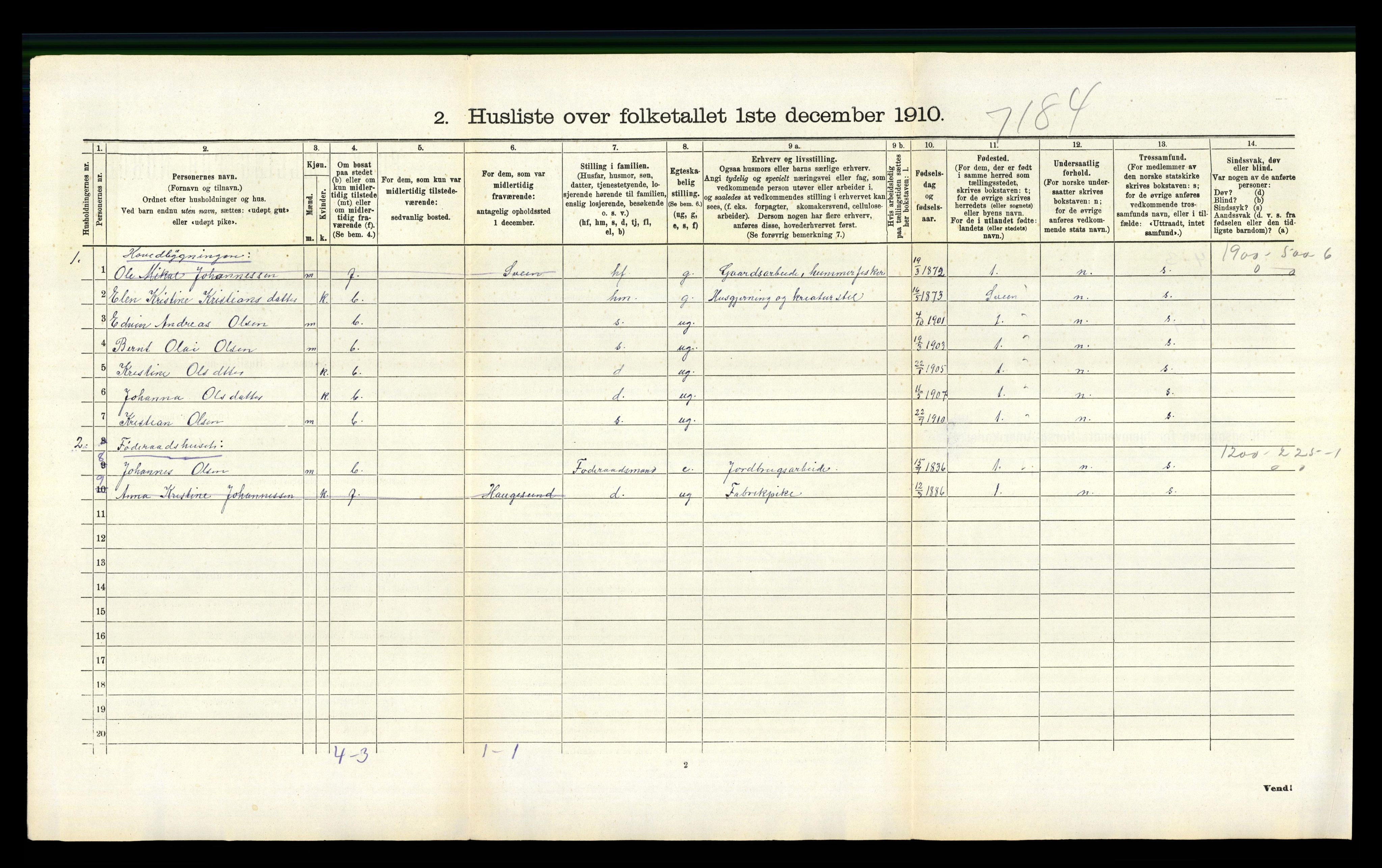 RA, 1910 census for Valestrand, 1910, p. 293