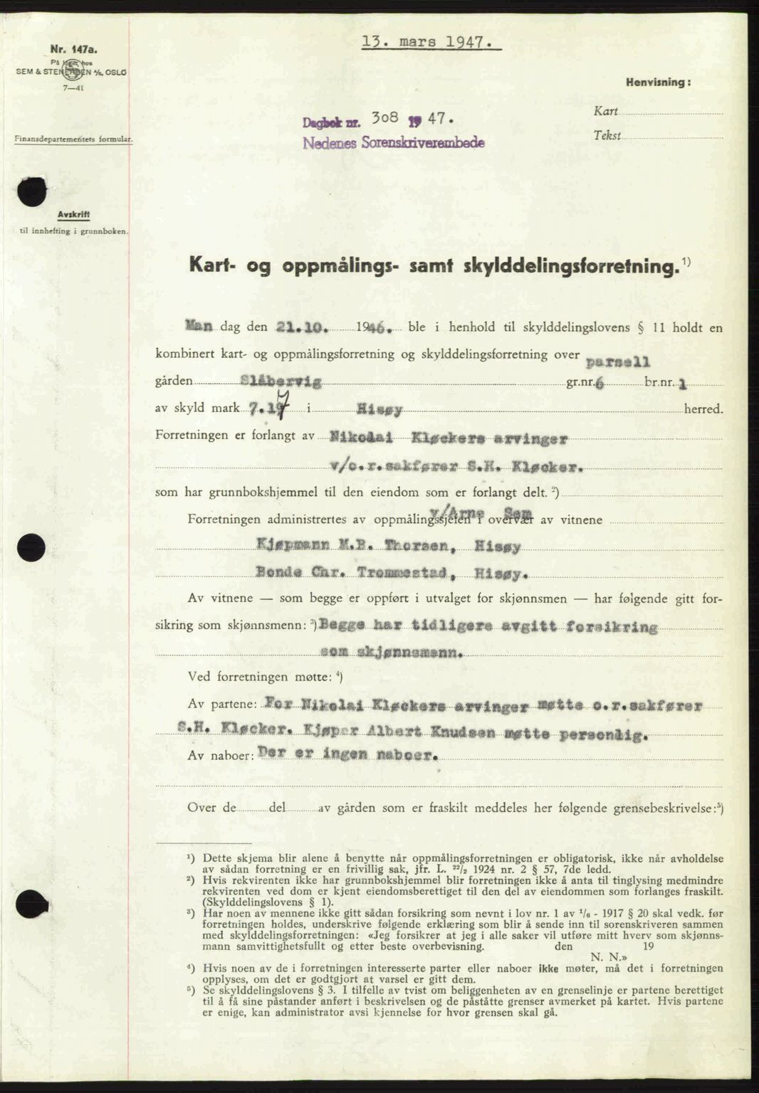 Nedenes sorenskriveri, AV/SAK-1221-0006/G/Gb/Gba/L0057: Mortgage book no. A9, 1947-1947, Diary no: : 308/1947