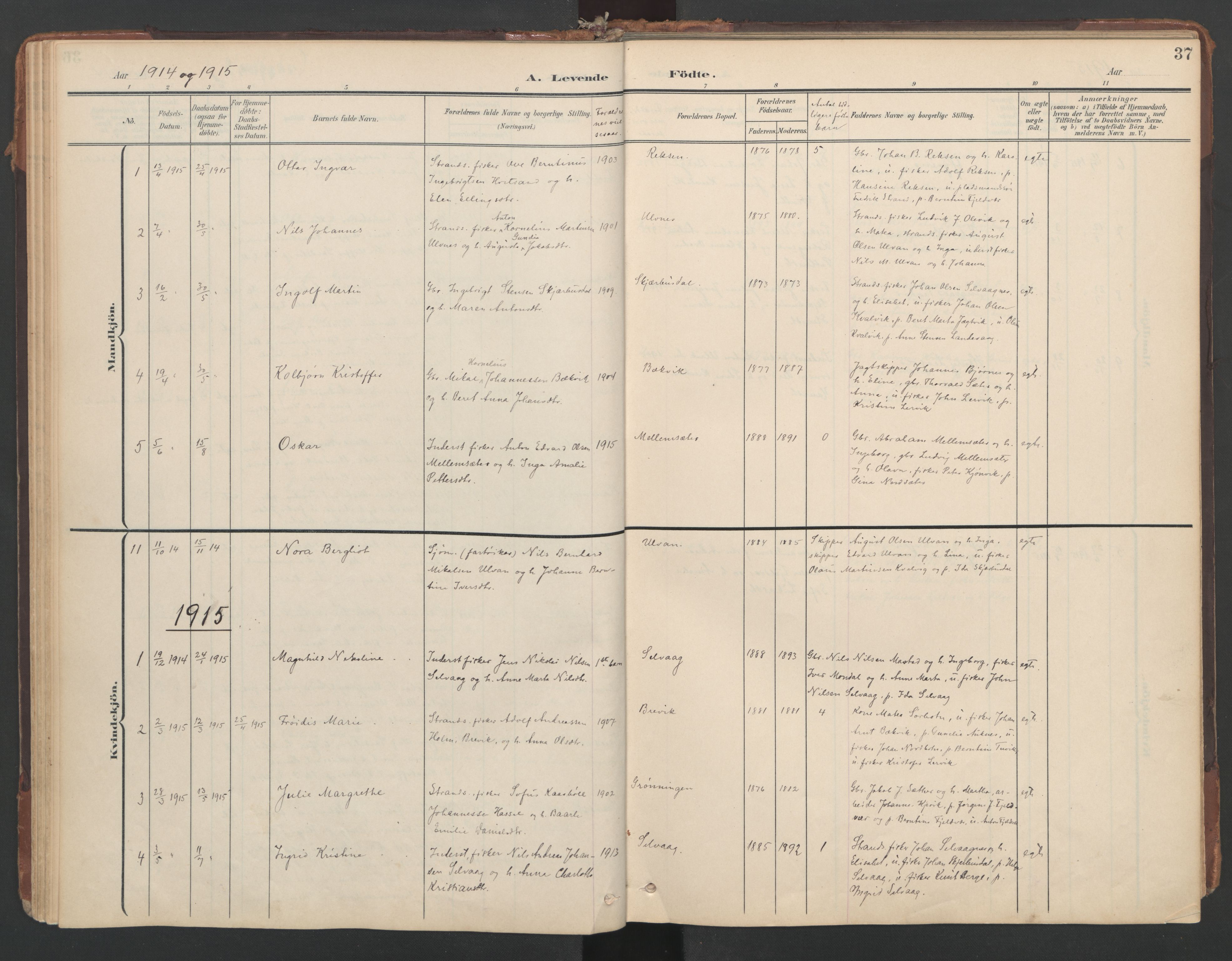 Ministerialprotokoller, klokkerbøker og fødselsregistre - Sør-Trøndelag, SAT/A-1456/638/L0568: Parish register (official) no. 638A01, 1901-1916, p. 37