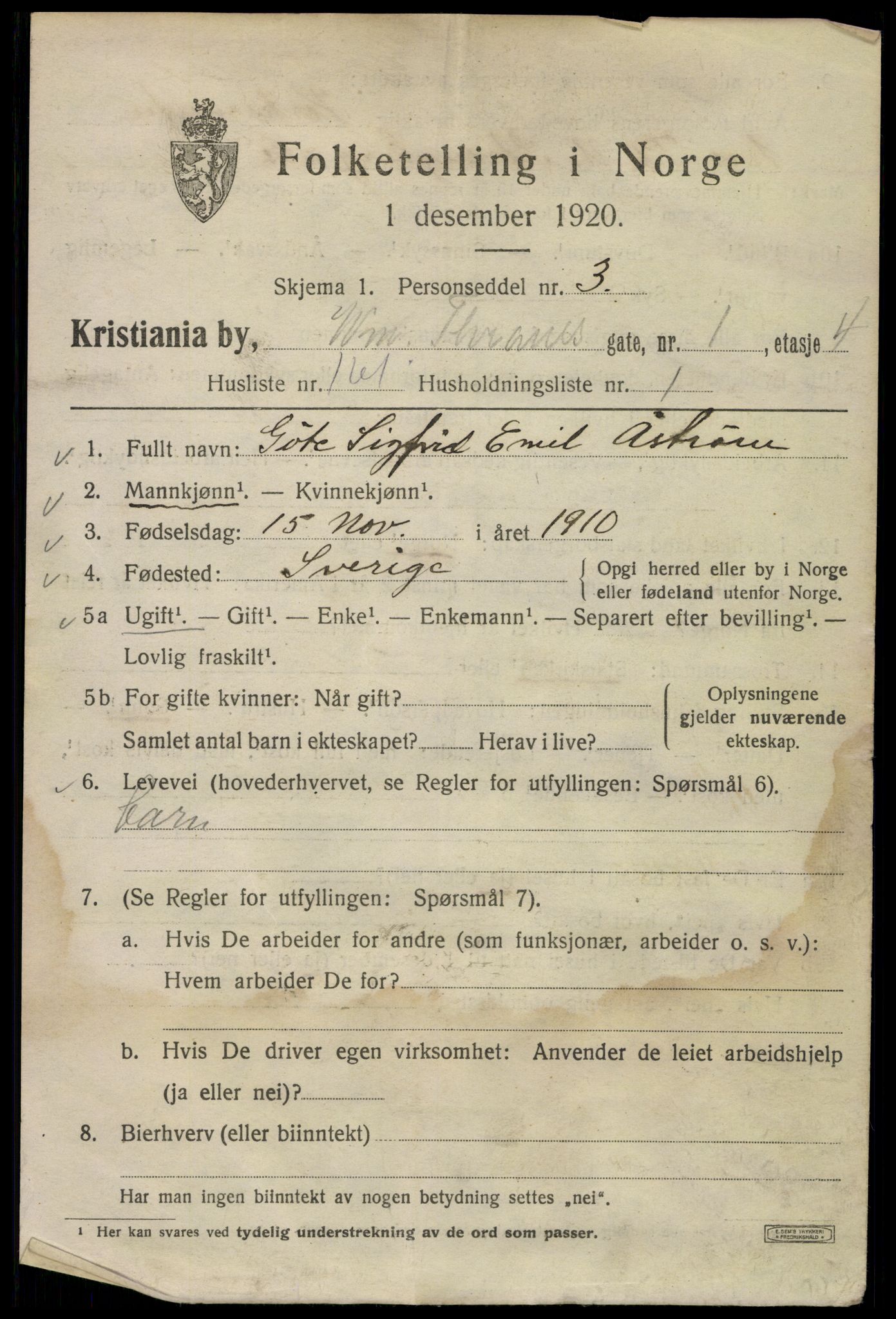 SAO, 1920 census for Kristiania, 1920, p. 644717