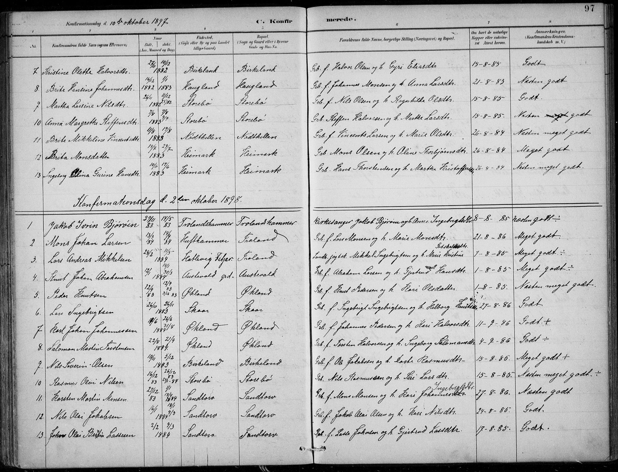 Sund sokneprestembete, AV/SAB-A-99930: Parish register (official) no. C  1, 1882-1899, p. 97