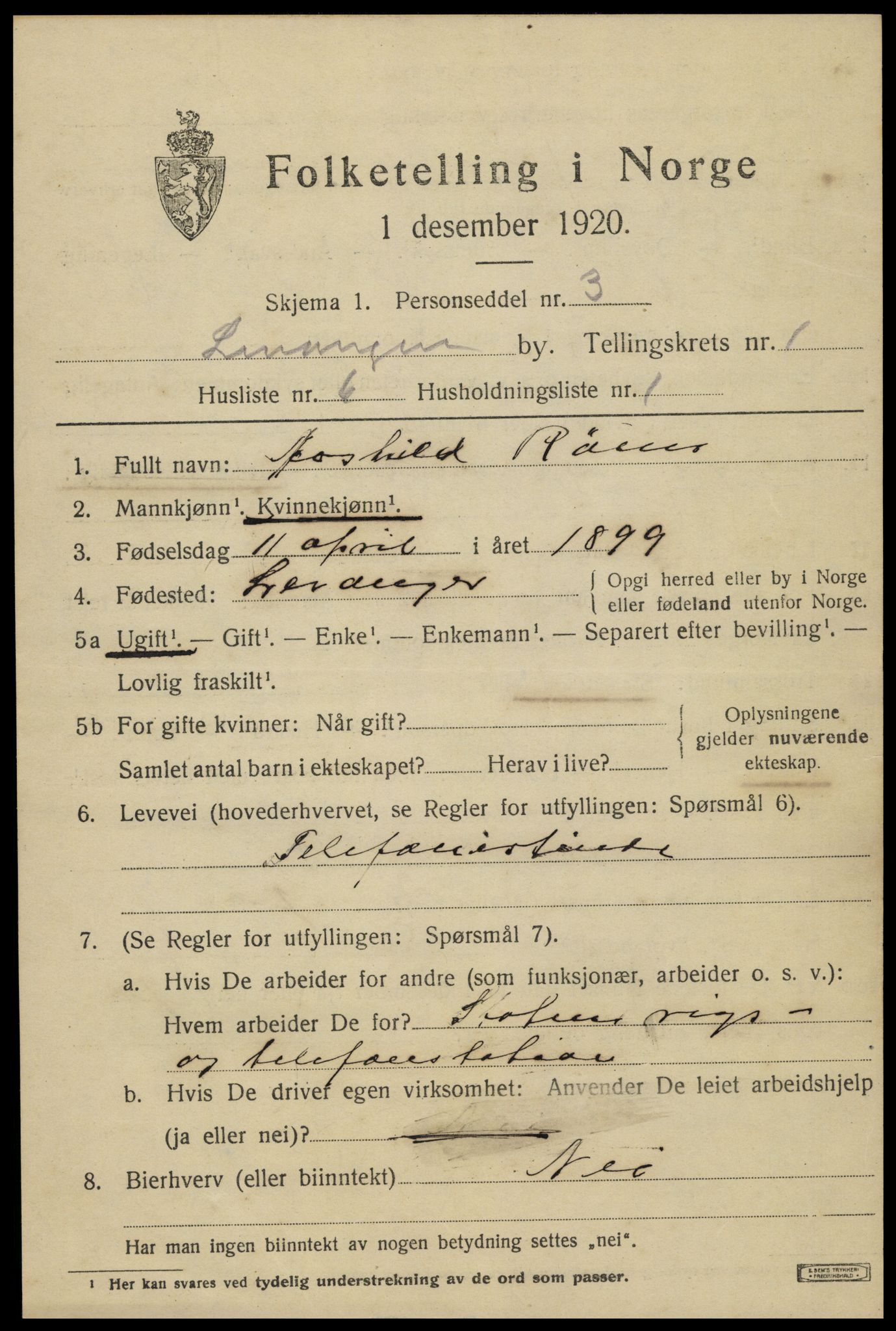 SAT, 1920 census for Levanger town, 1920, p. 1278